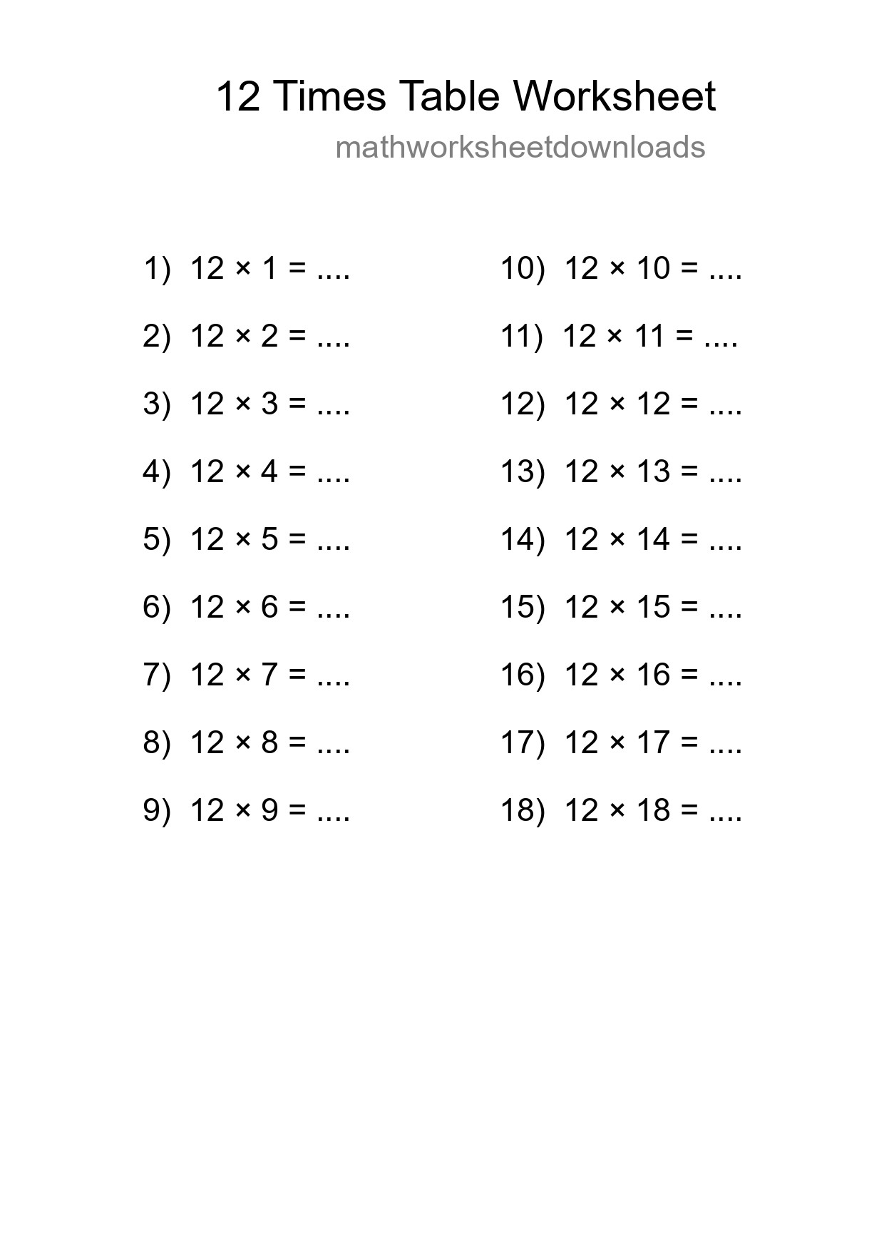 12 Times Table Worksheet For Grade 4 With Answers - Part 130