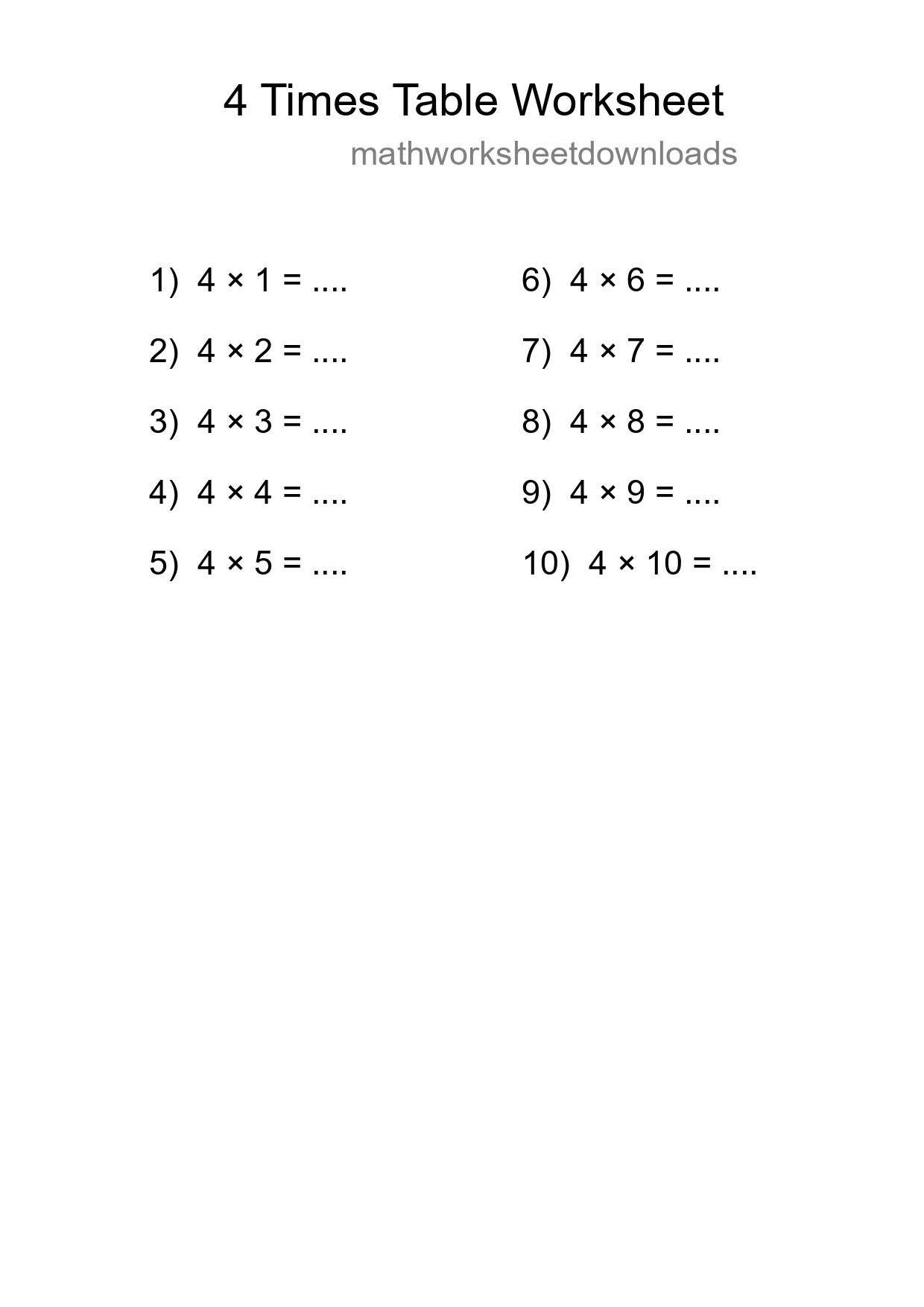 4 Times Table Worksheet For Grade 2 - Part 97