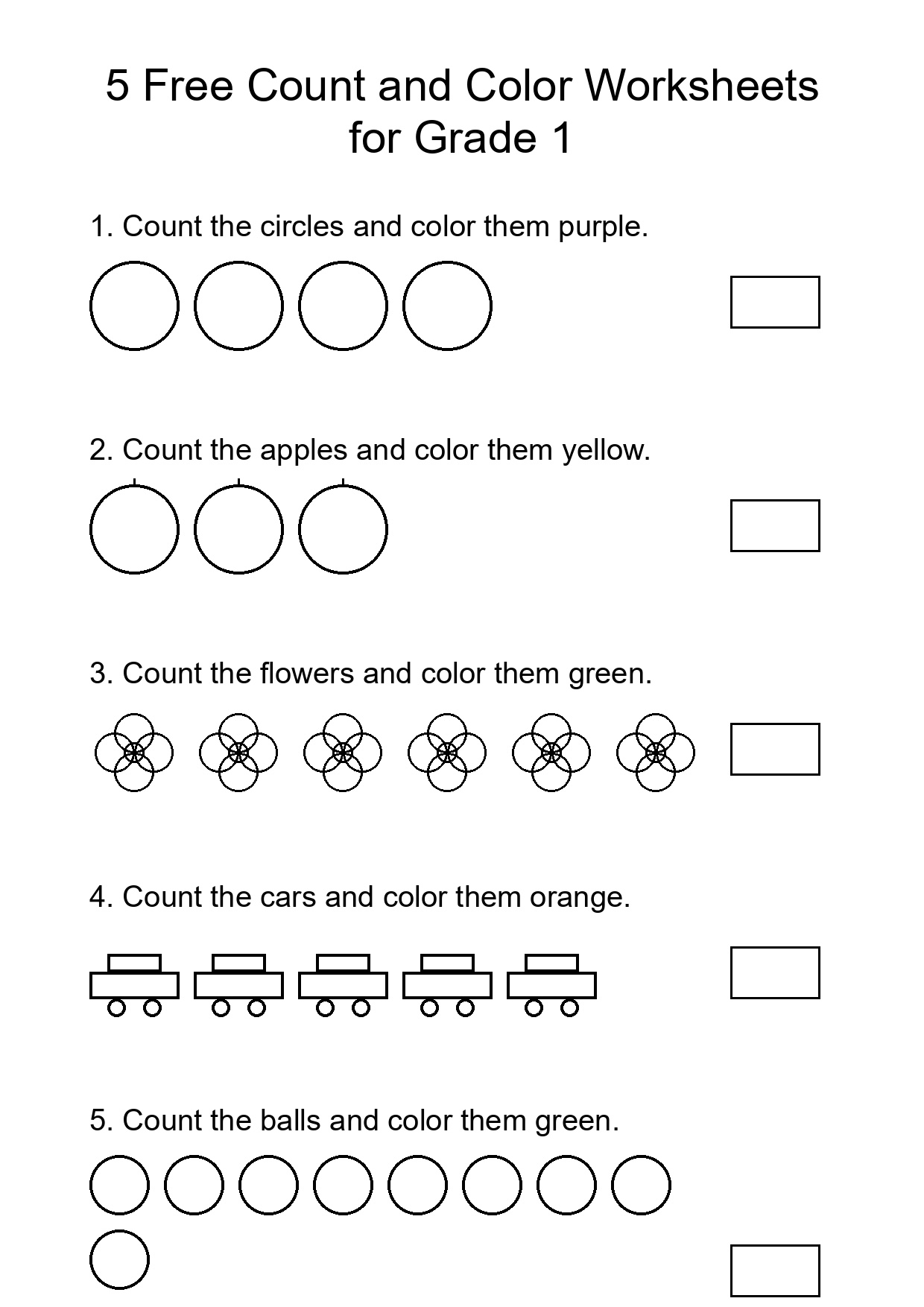 5 Free Count and Color Worksheets for Grade 1