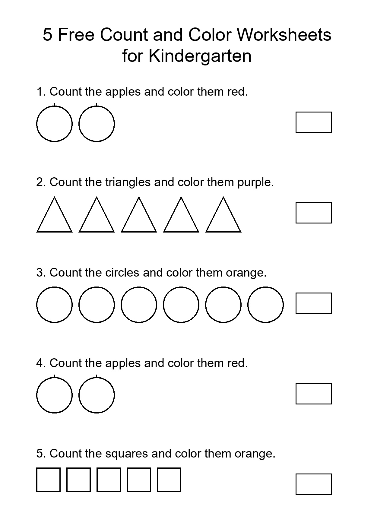 5 Free Count and Color Worksheets for Kindergarten