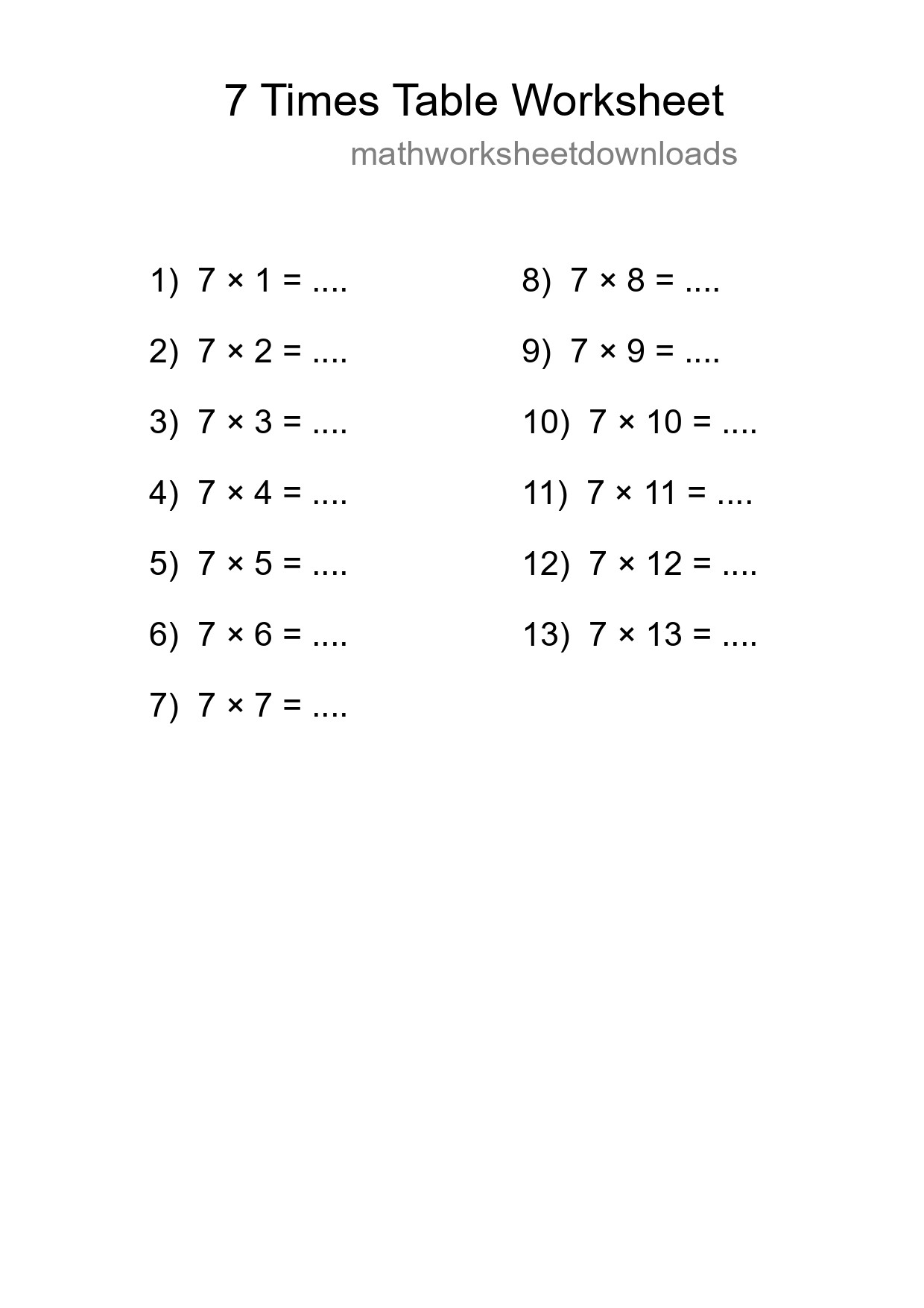 7 Times Table Worksheet For Grade 3 - Part 152