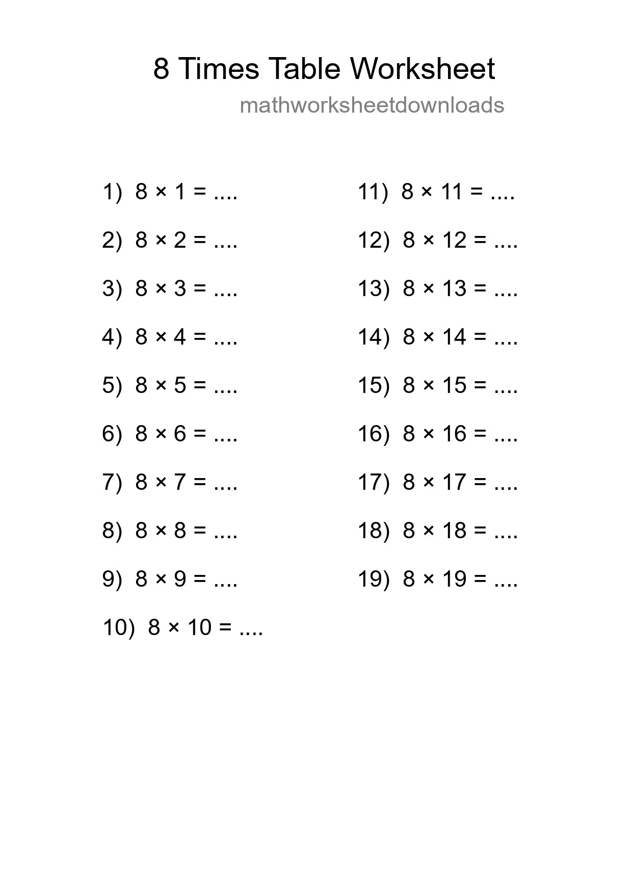8 Times Table Worksheet For Grade 3 - Part 273