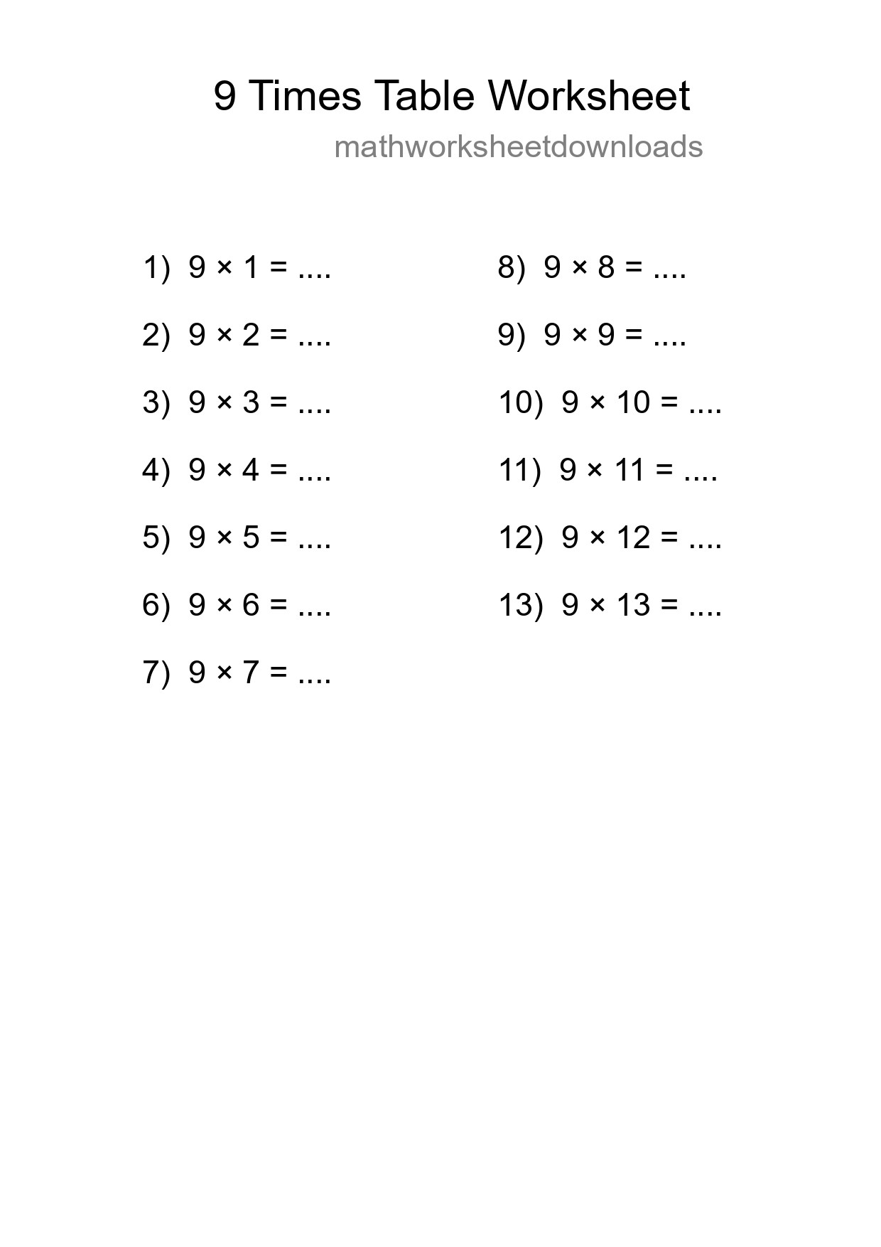 9 Times Table Worksheet For Grade 3 With Answers - Part 196