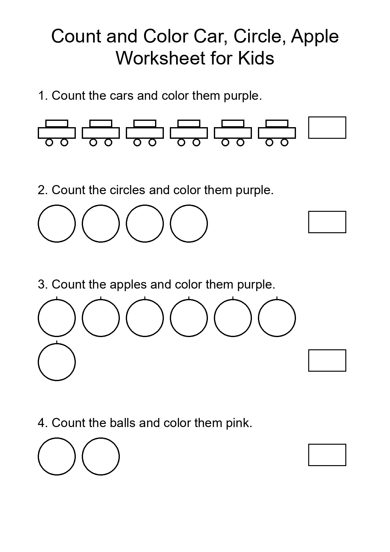 Count and Color Car, Circle, Apple Worksheet for Kids