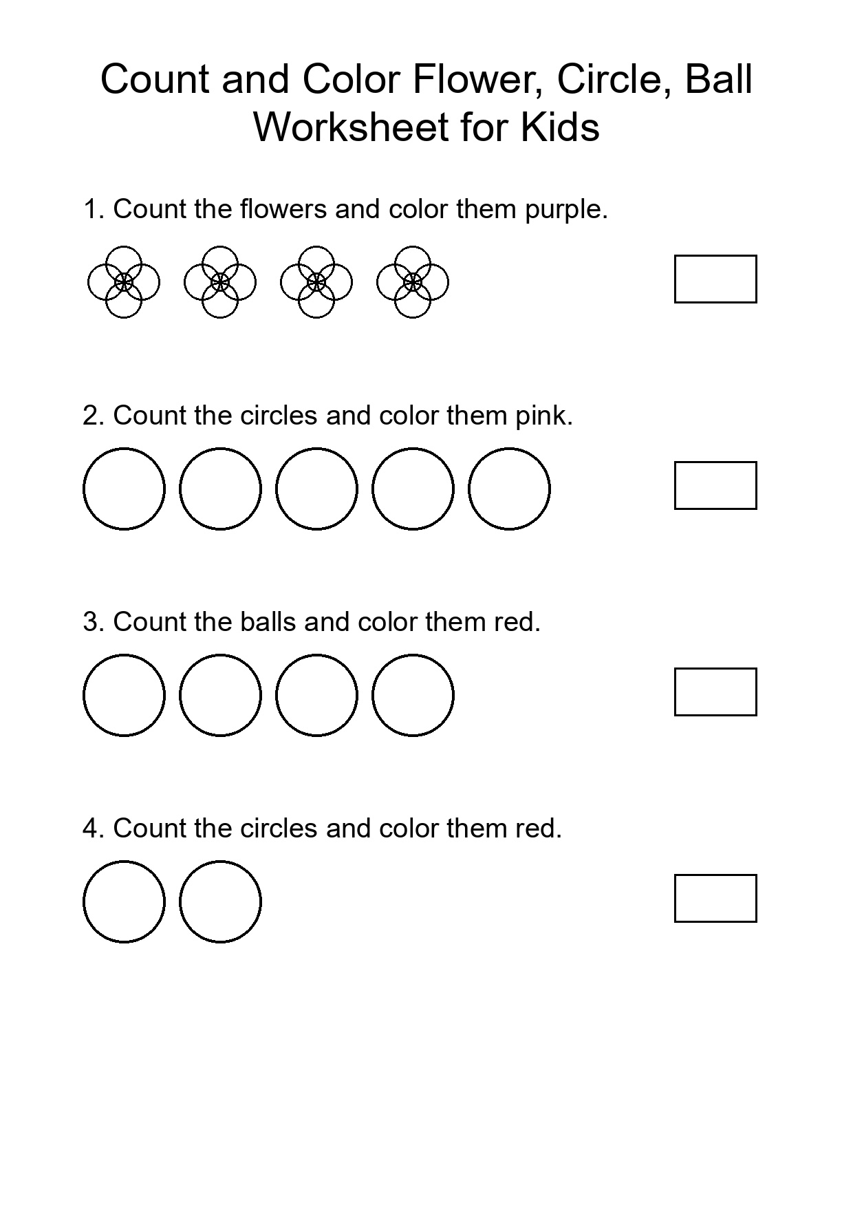 Count and Color Flower, Circle, Ball Worksheet for Kids