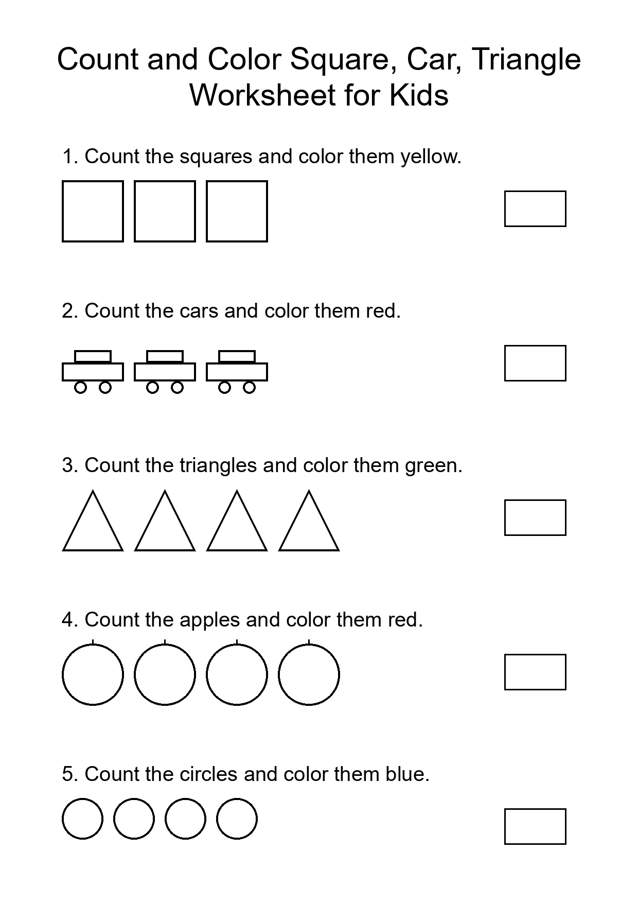 Count and Color Square, Car, Triangle Worksheet for Kids