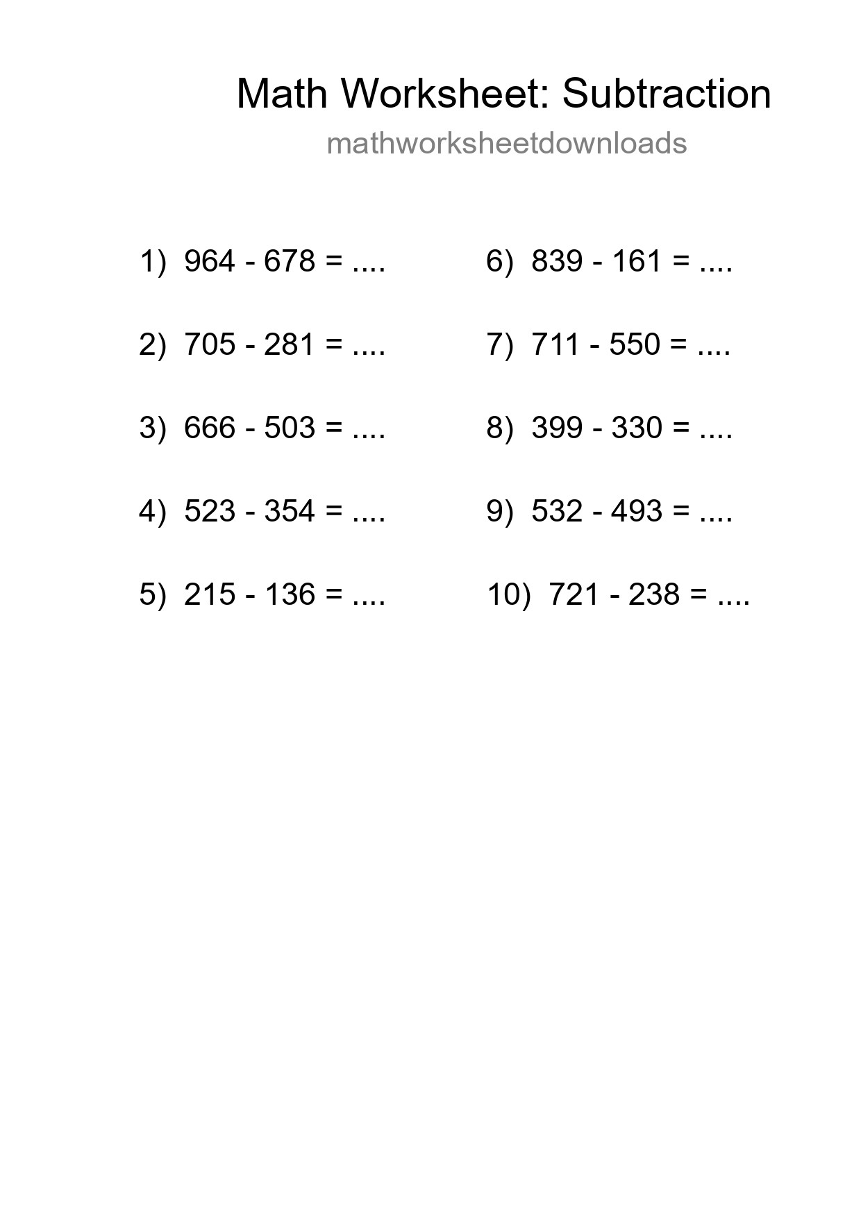 Free 10 Subtraction Math Worksheet For Grade 5 - Part 162