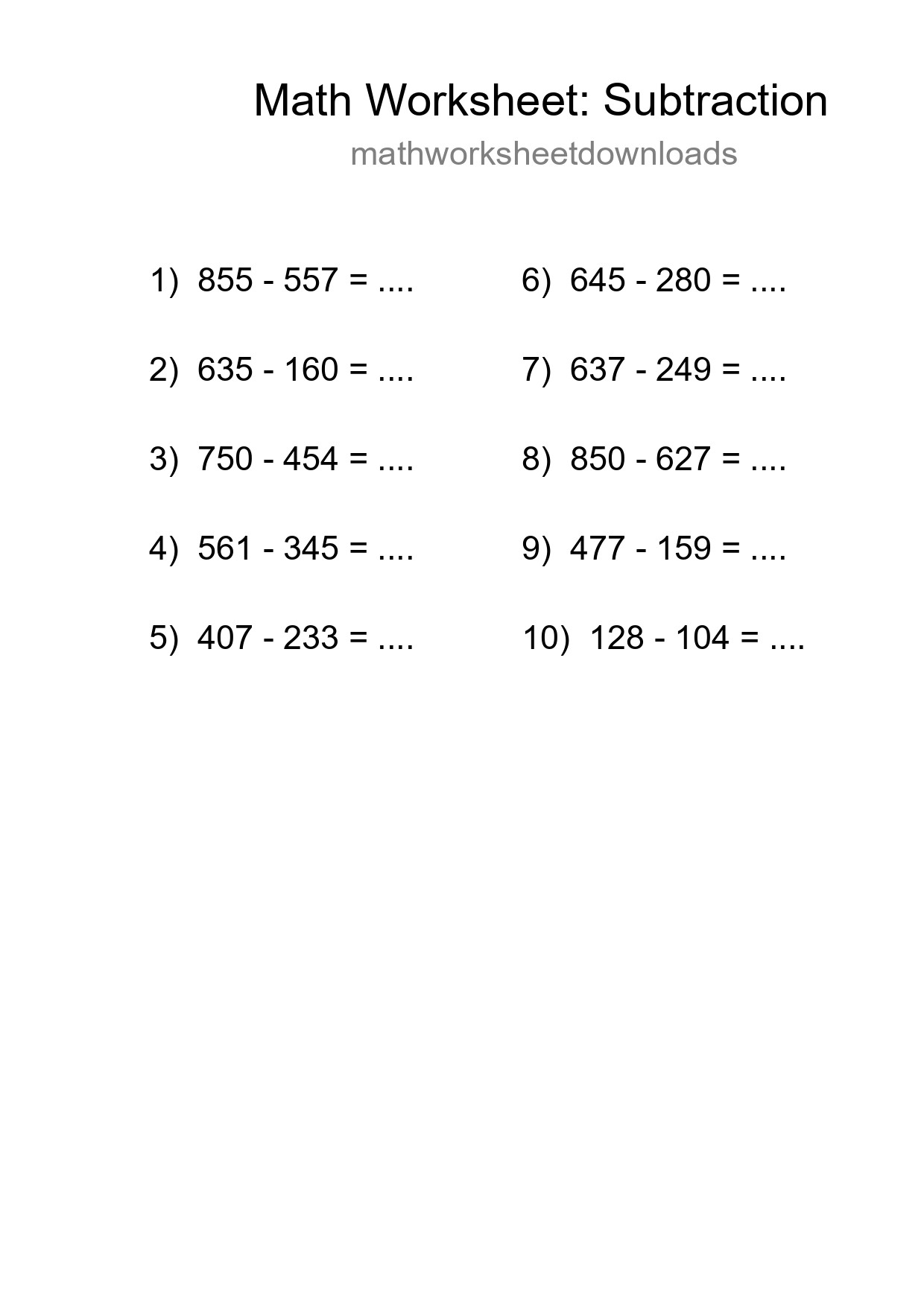Free 10 Subtraction Math Worksheet For Grade 5 - Part 261