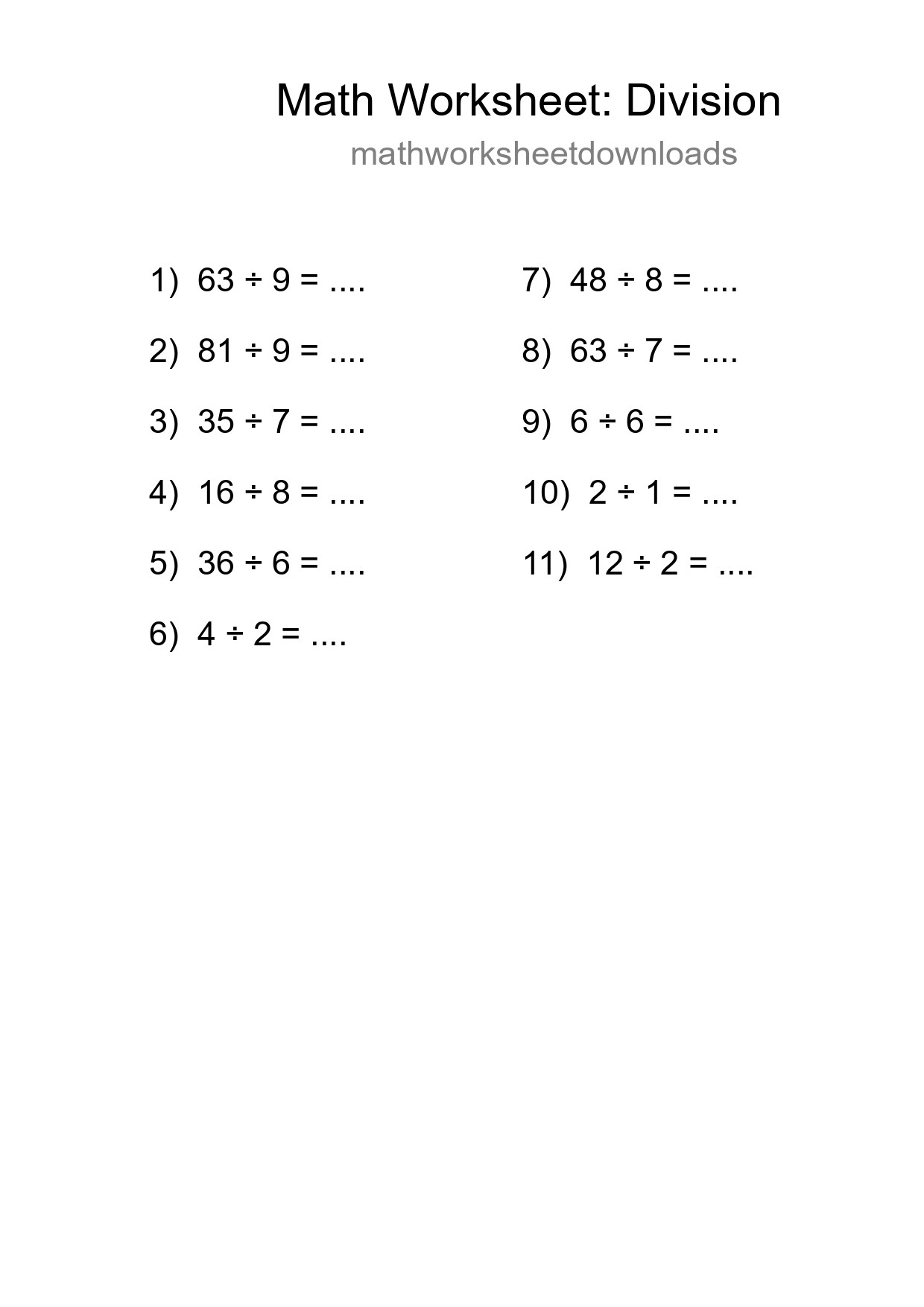 Free 11 Division Math Worksheet For Grade 1 With Answers - Part 191