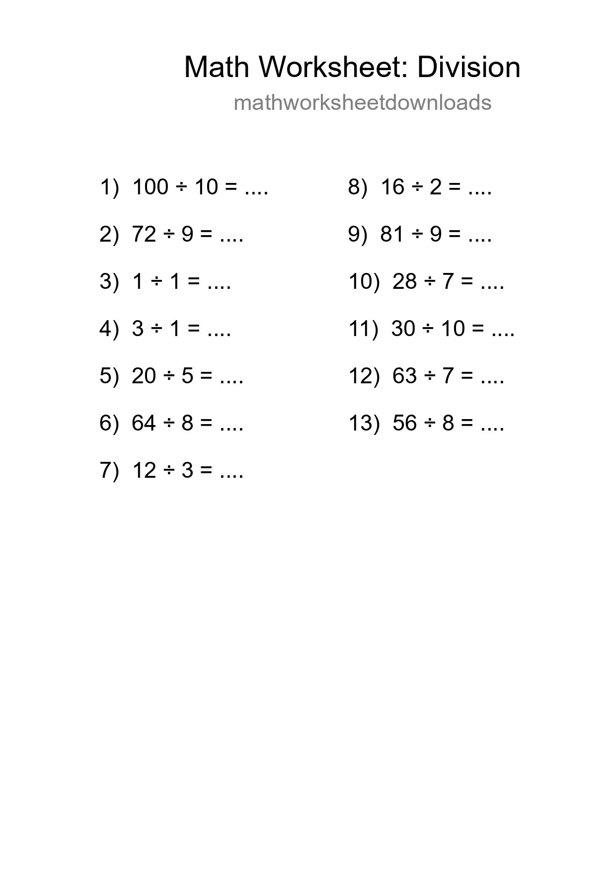 Free 13 Division Math Worksheet For Grade 1 With Answers - Part 180