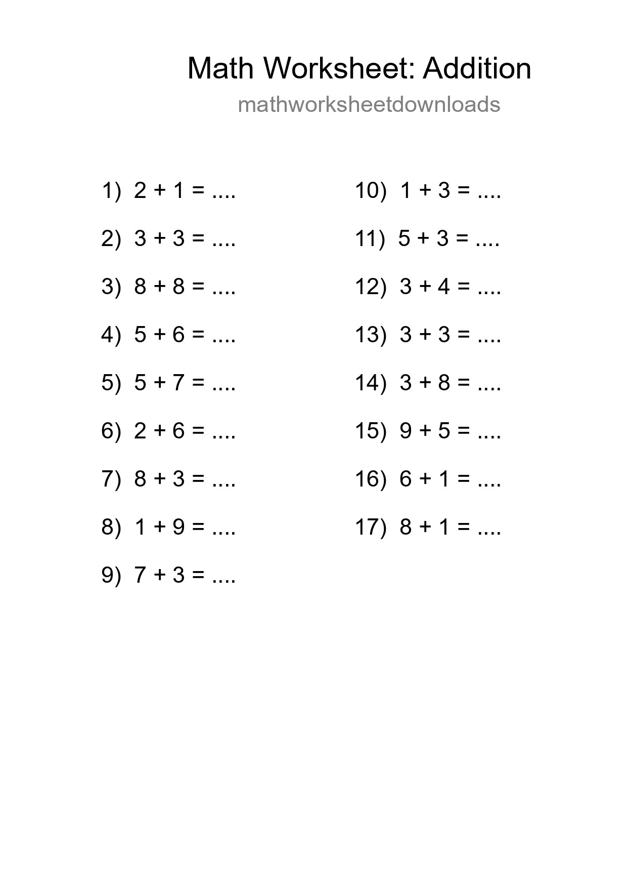 Free 17 Addition Math Worksheet For Grade 1 With Answers - Part 12