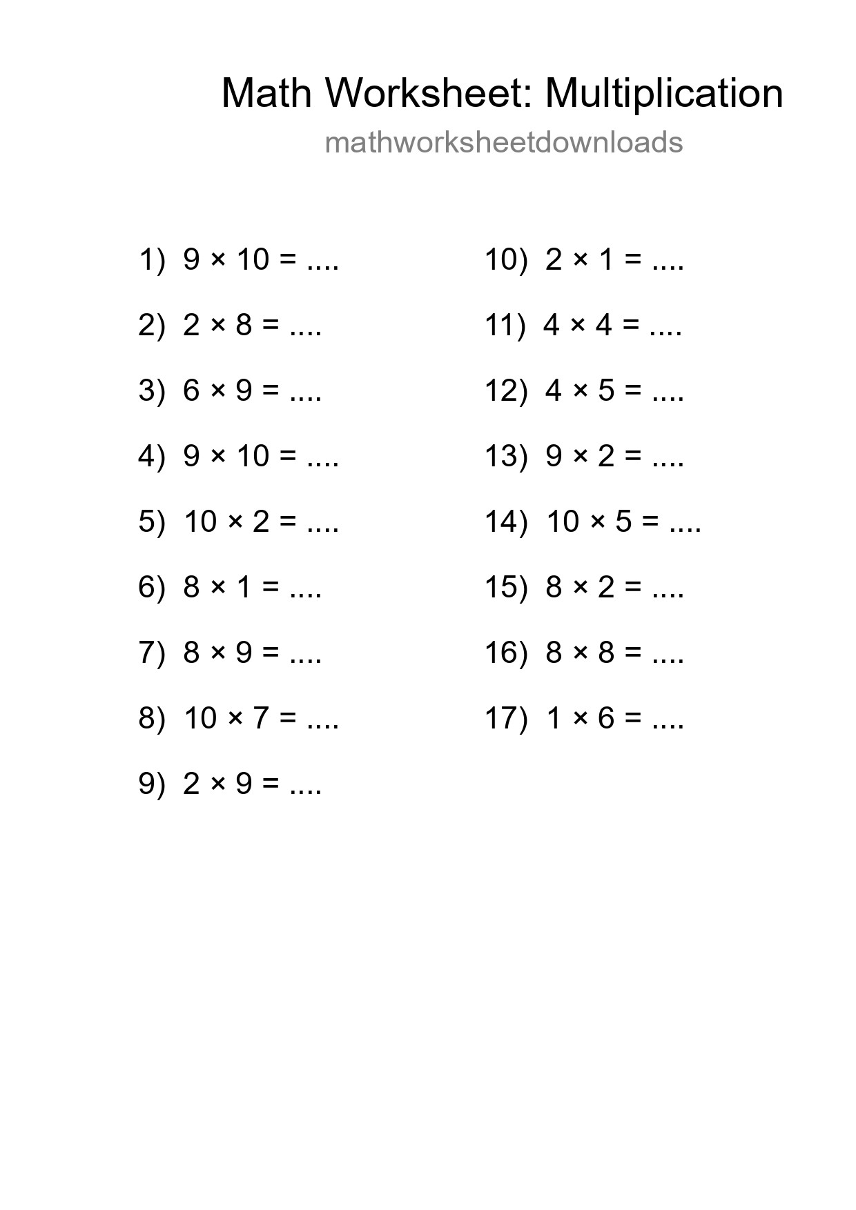 Free 17 Multiplication Math Worksheet For Grade 1 - Part 172
