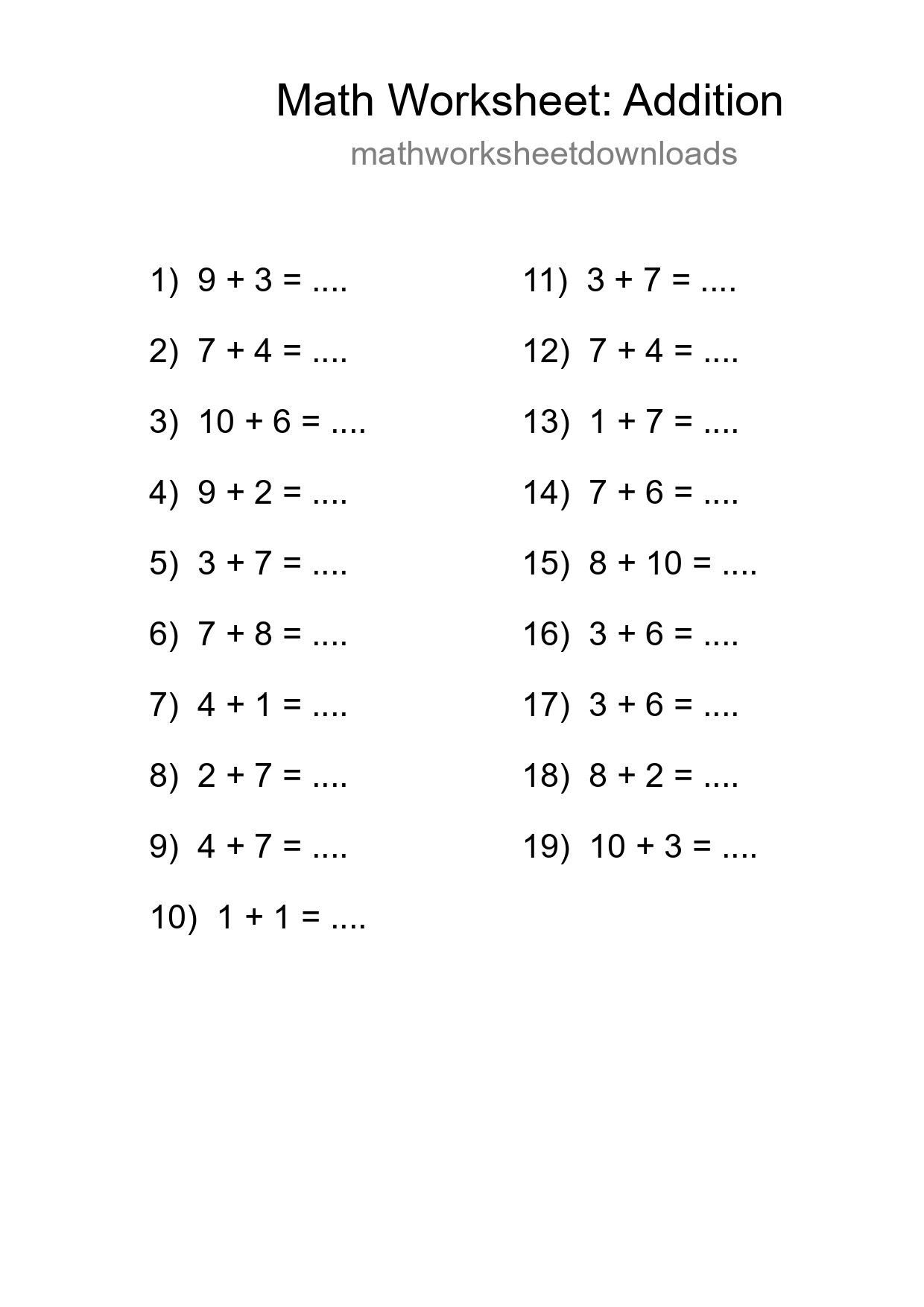 Free 19 Addition Math Worksheet For Grade 1 - Part 210
