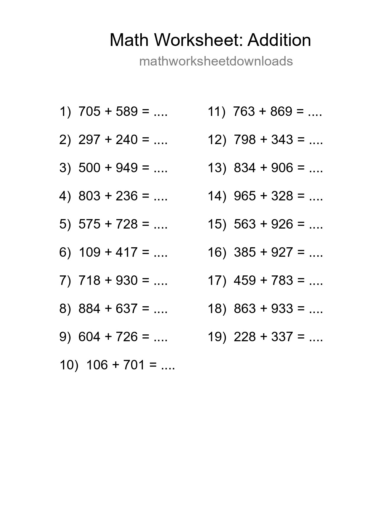 Free 19 Addition Math Worksheet For Grade 5 With Answers - Part 199