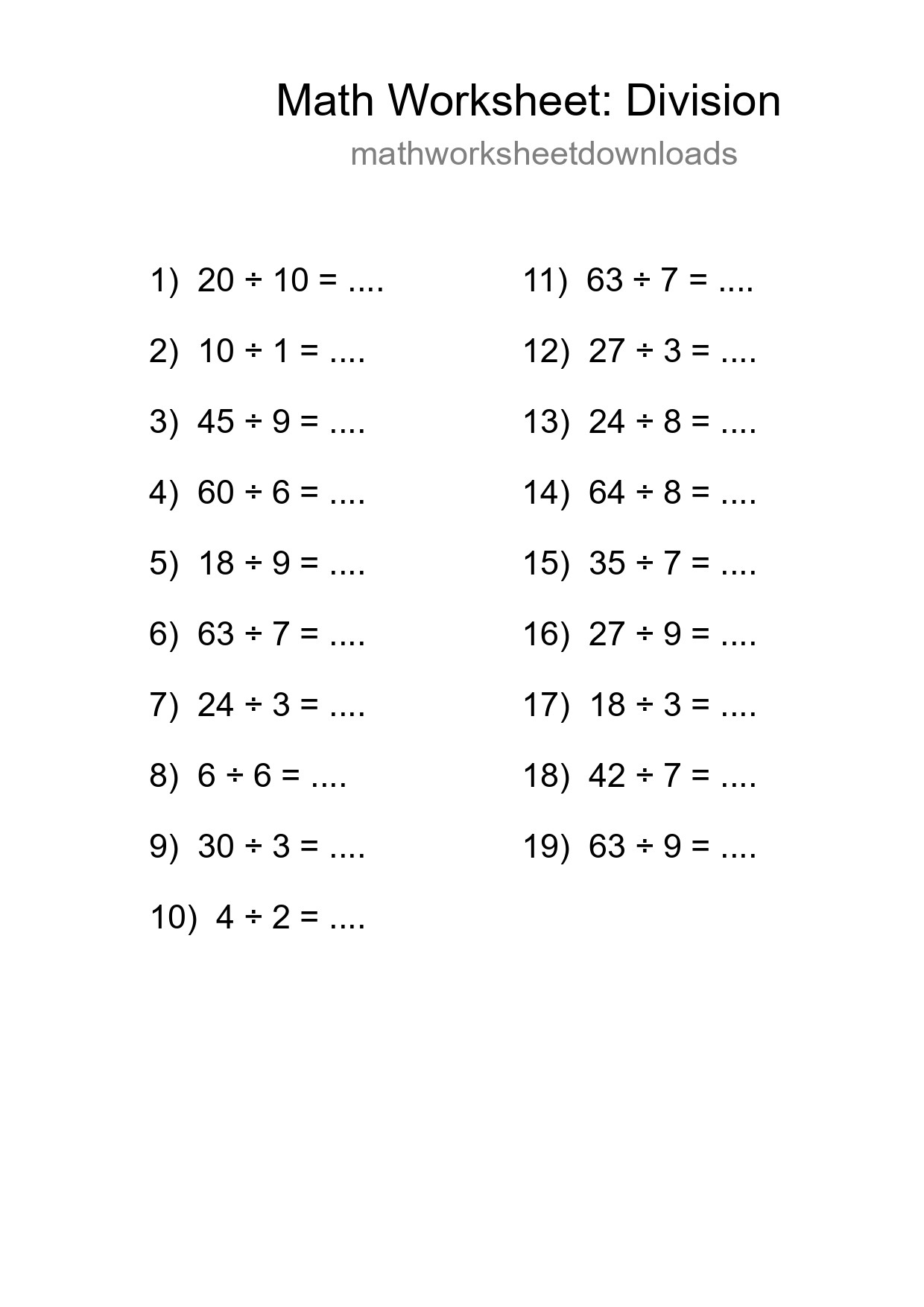 Free 19 Division Math Worksheet For Grade 1 With Answers - Part 48