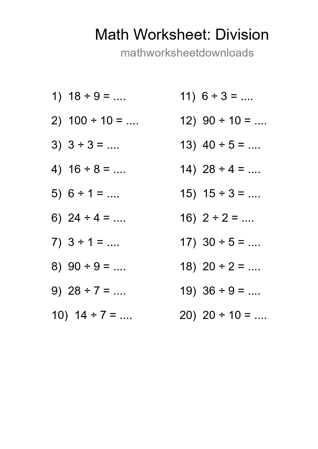 Free 20 Division Math Worksheet For Grade 1 With Answers - Part 235