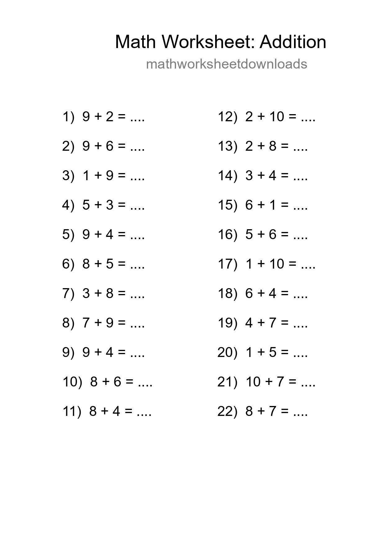 Free 22 Addition Math Worksheet For Grade 1 - Part 111