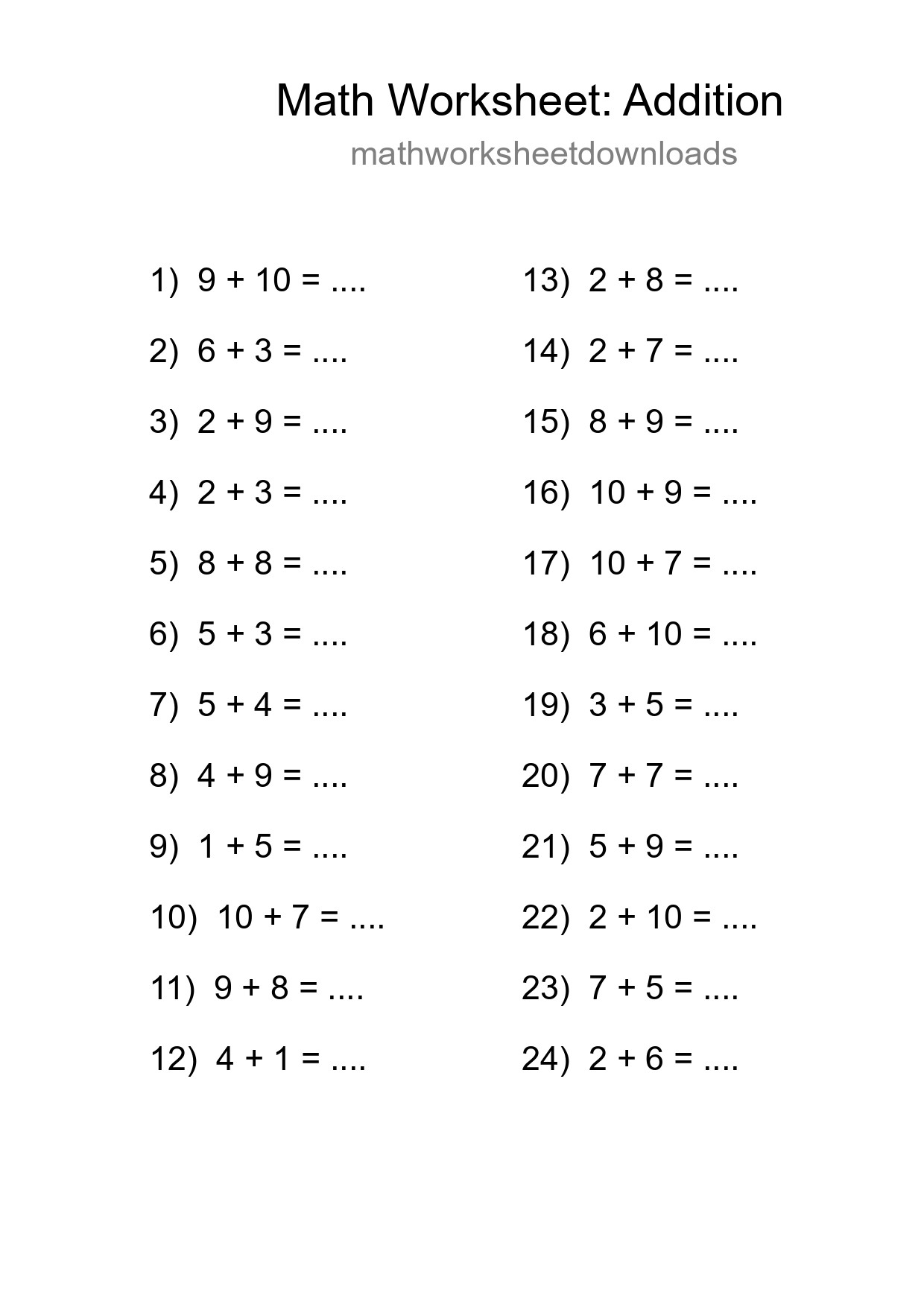 Free 24 Addition Math Worksheet For Grade 1 - Part 254