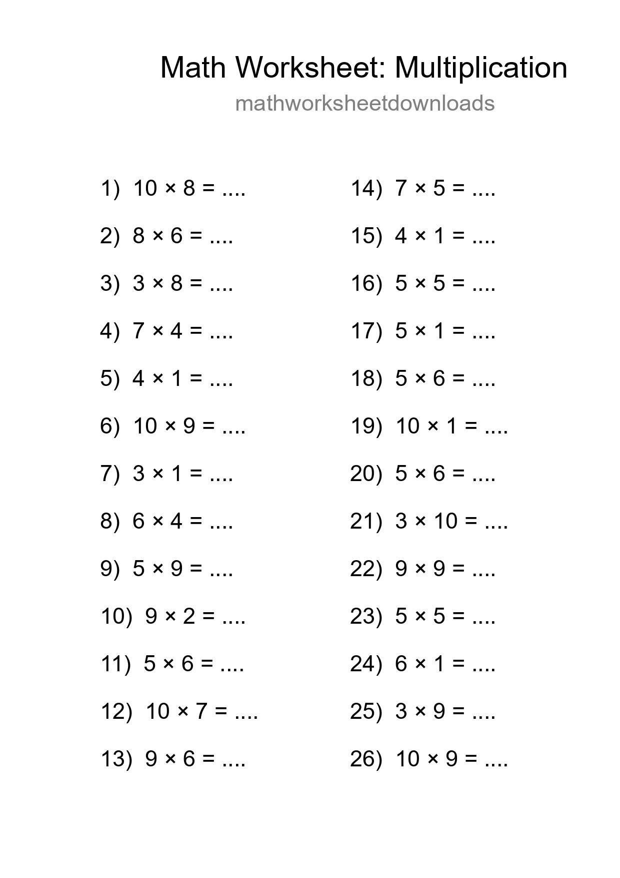 Free 26 Multiplication Math Worksheet For Grade 1 With Answers - Part 150
