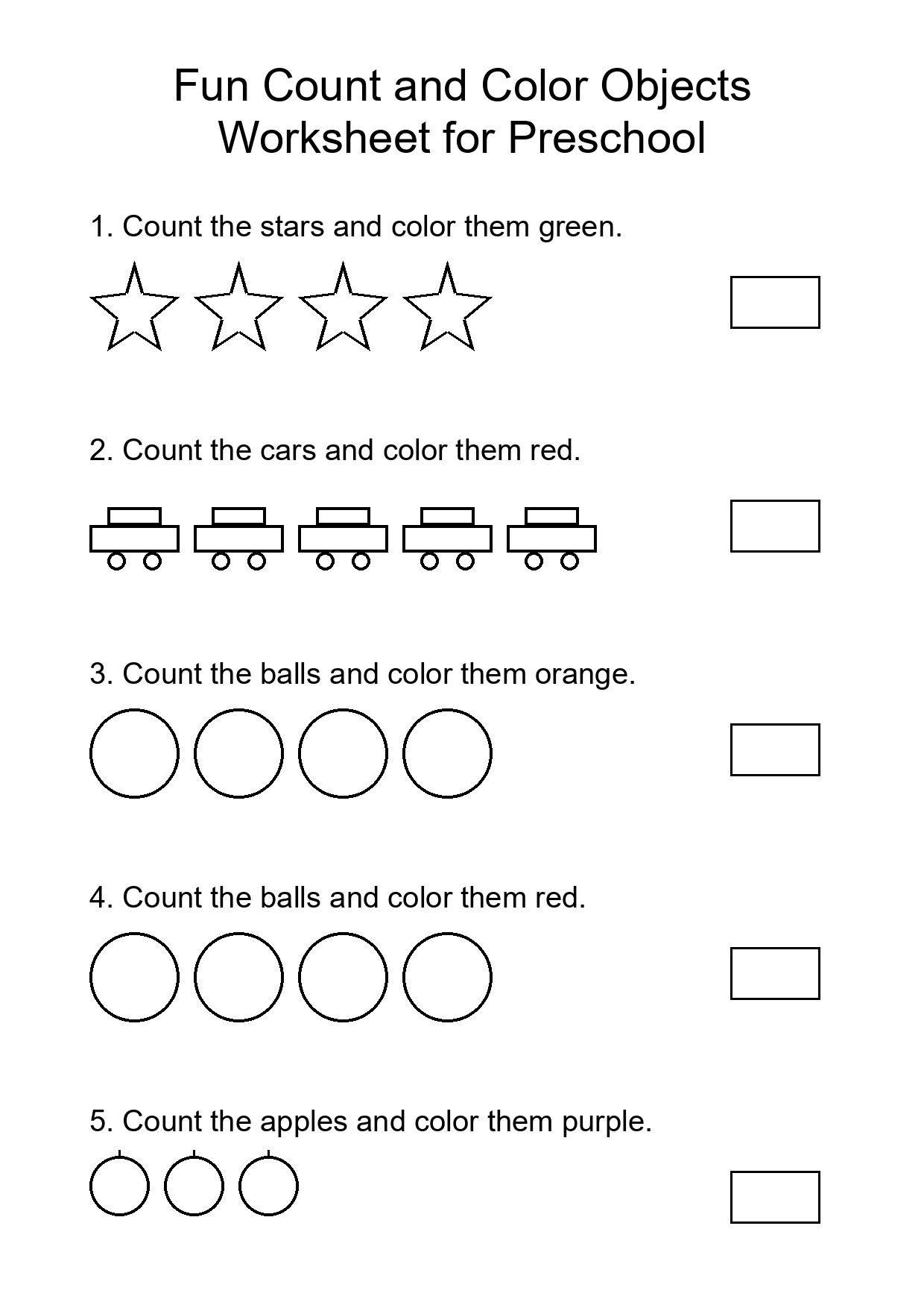 Fun Count and Color Objects Worksheet for Preschool