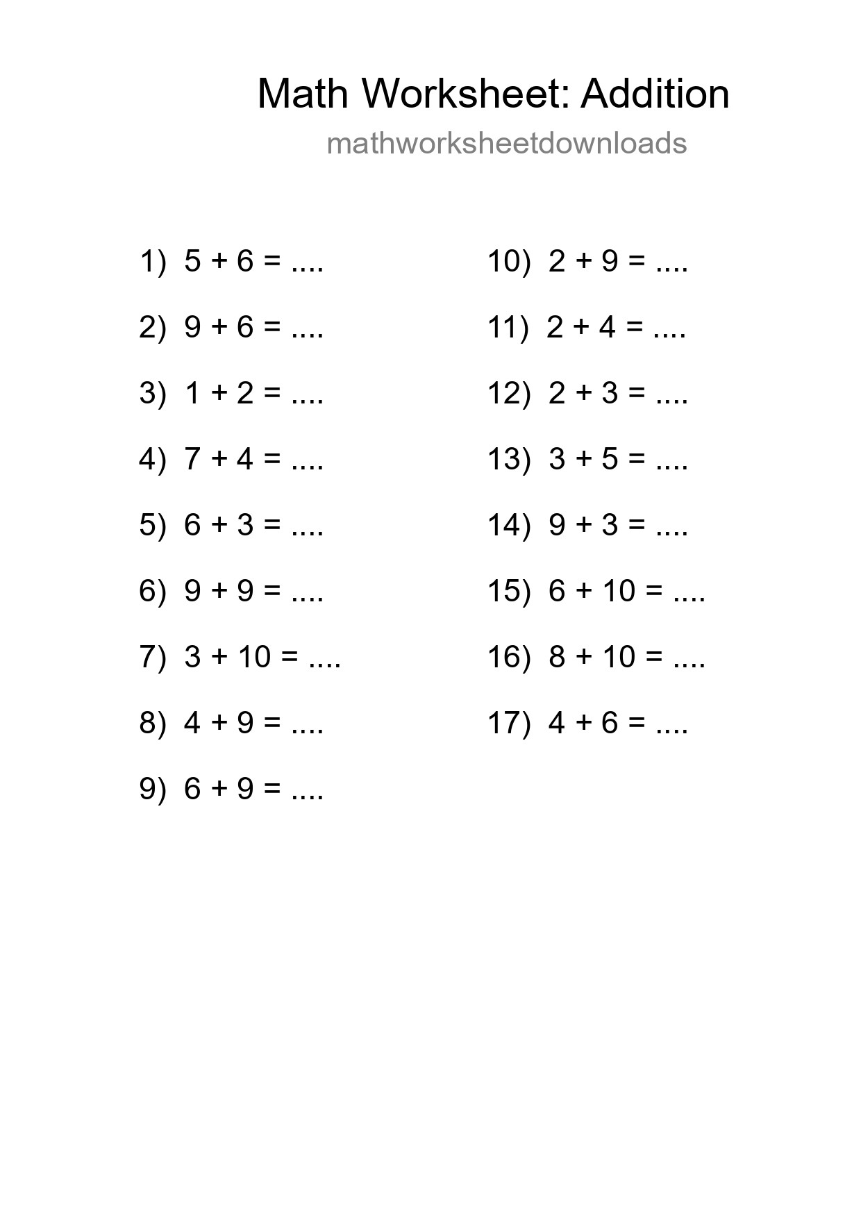 Grade 1 Addition Practice Worksheet (17 Problems) - Part 100