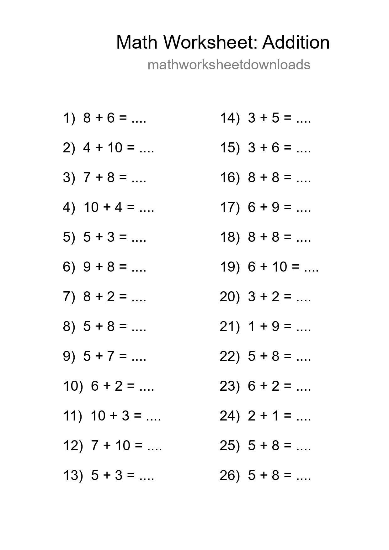 Grade 1 Addition Practice Worksheet (26 Problems) - Part 166