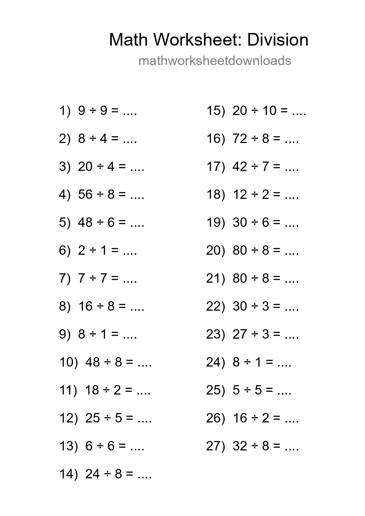Grade 1 Division Practice Worksheet (27 Problems) - Part 268