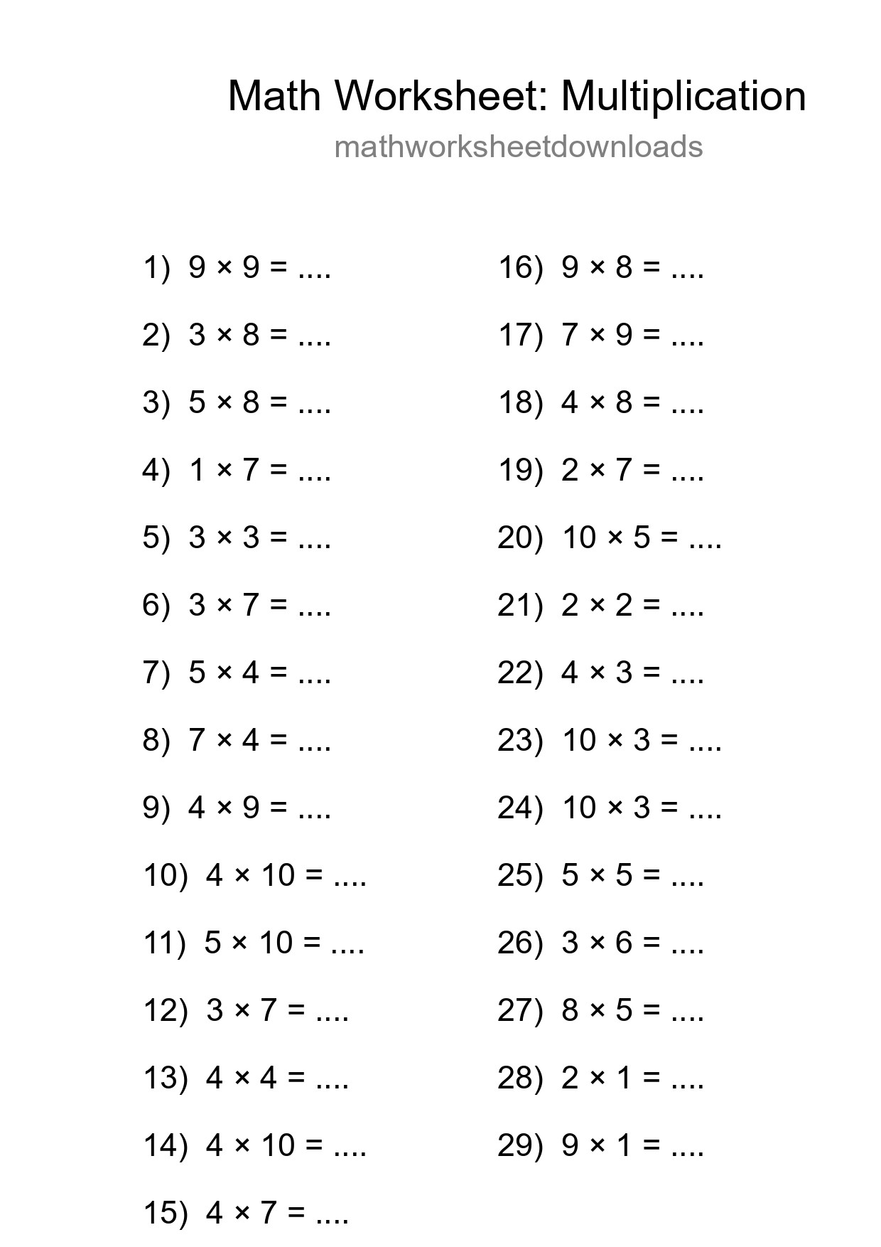 Grade 1 Multiplication Practice Worksheet (29 Problems) - Part 161