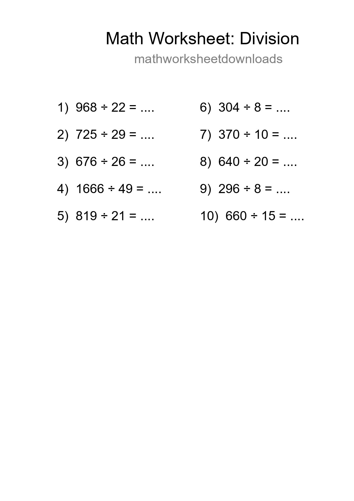 Grade 2 Division Practice Worksheet (10 Problems) - Part 224