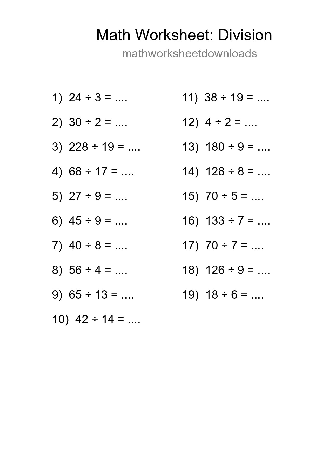 Grade 2 Division Practice Worksheet (19 Problems) - Part 290
