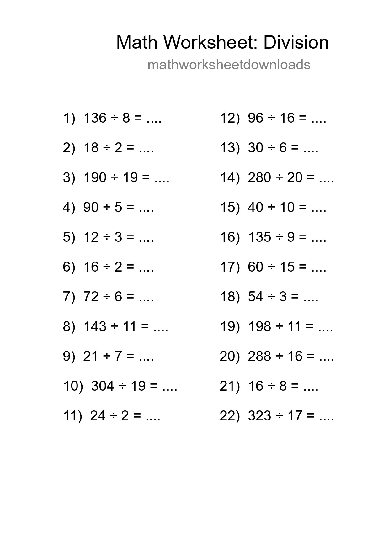Grade 2 Division Practice Worksheet (22 Problems) - Part 92