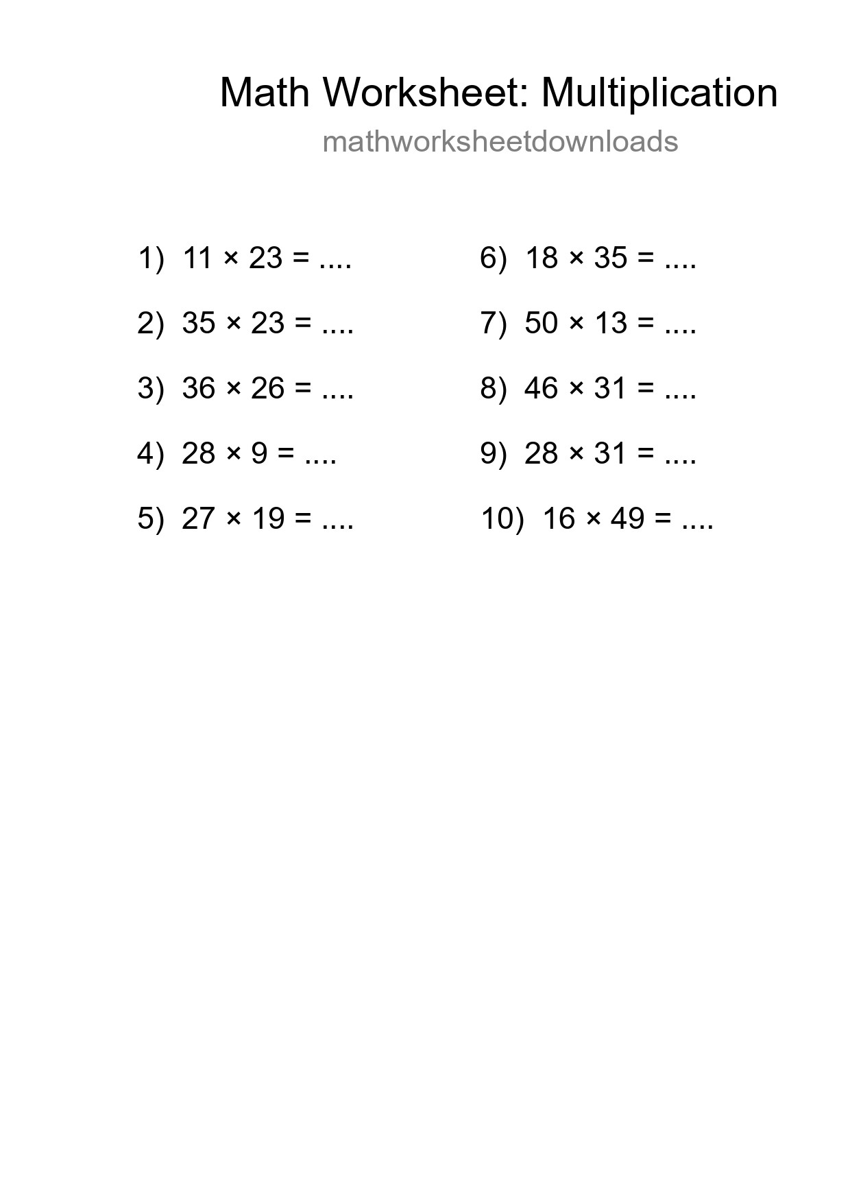 Grade 2 Multiplication Practice Worksheet (10 Problems) - Part 62