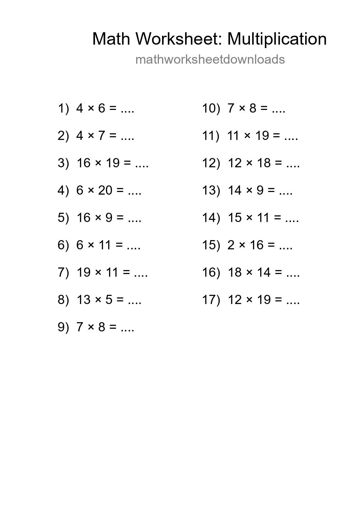 Grade 2 Multiplication Practice Worksheet (17 Problems) - Part 7