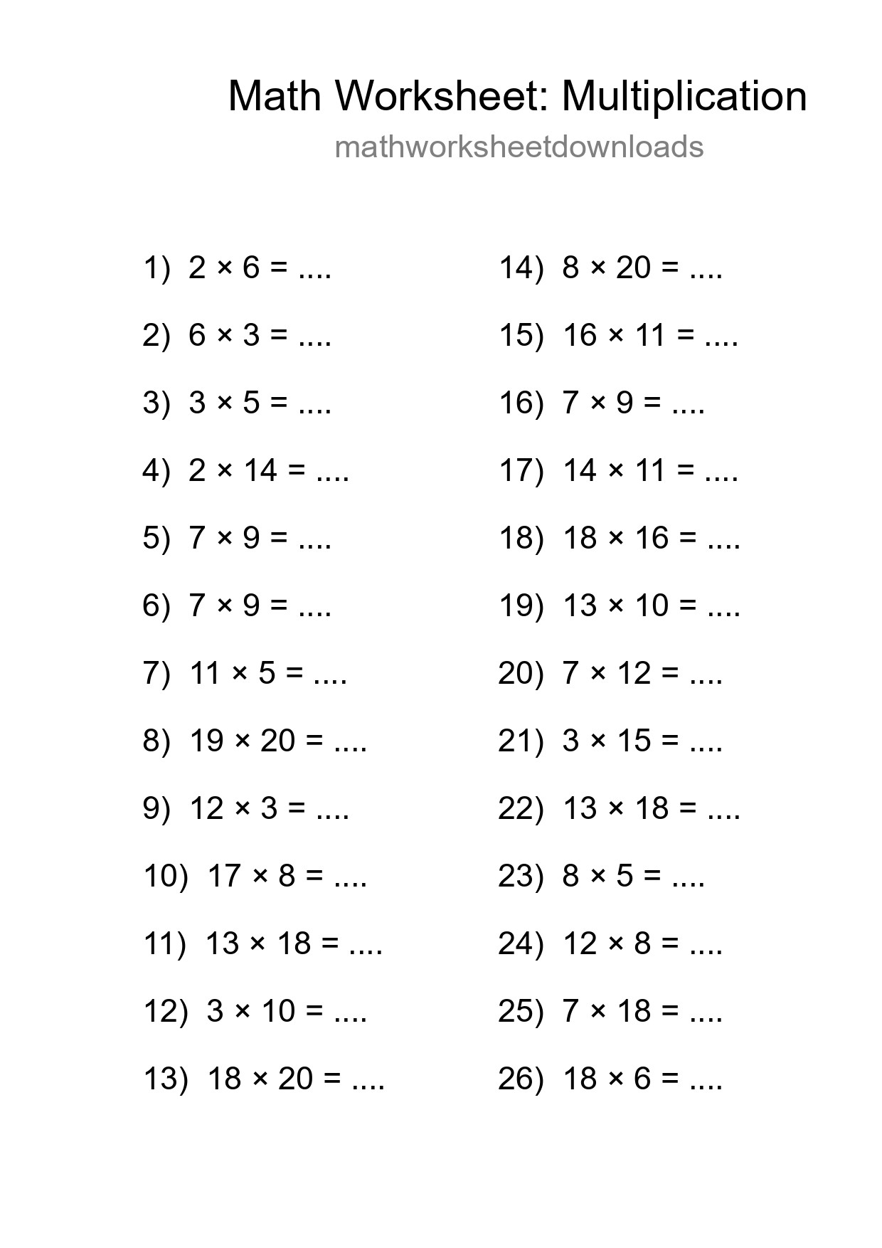 Grade 2 Multiplication Practice Worksheet (26 Problems) - Part 249