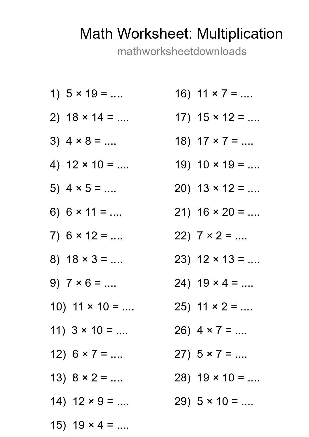Grade 2 Multiplication Practice Worksheet (29 Problems) - Part 117