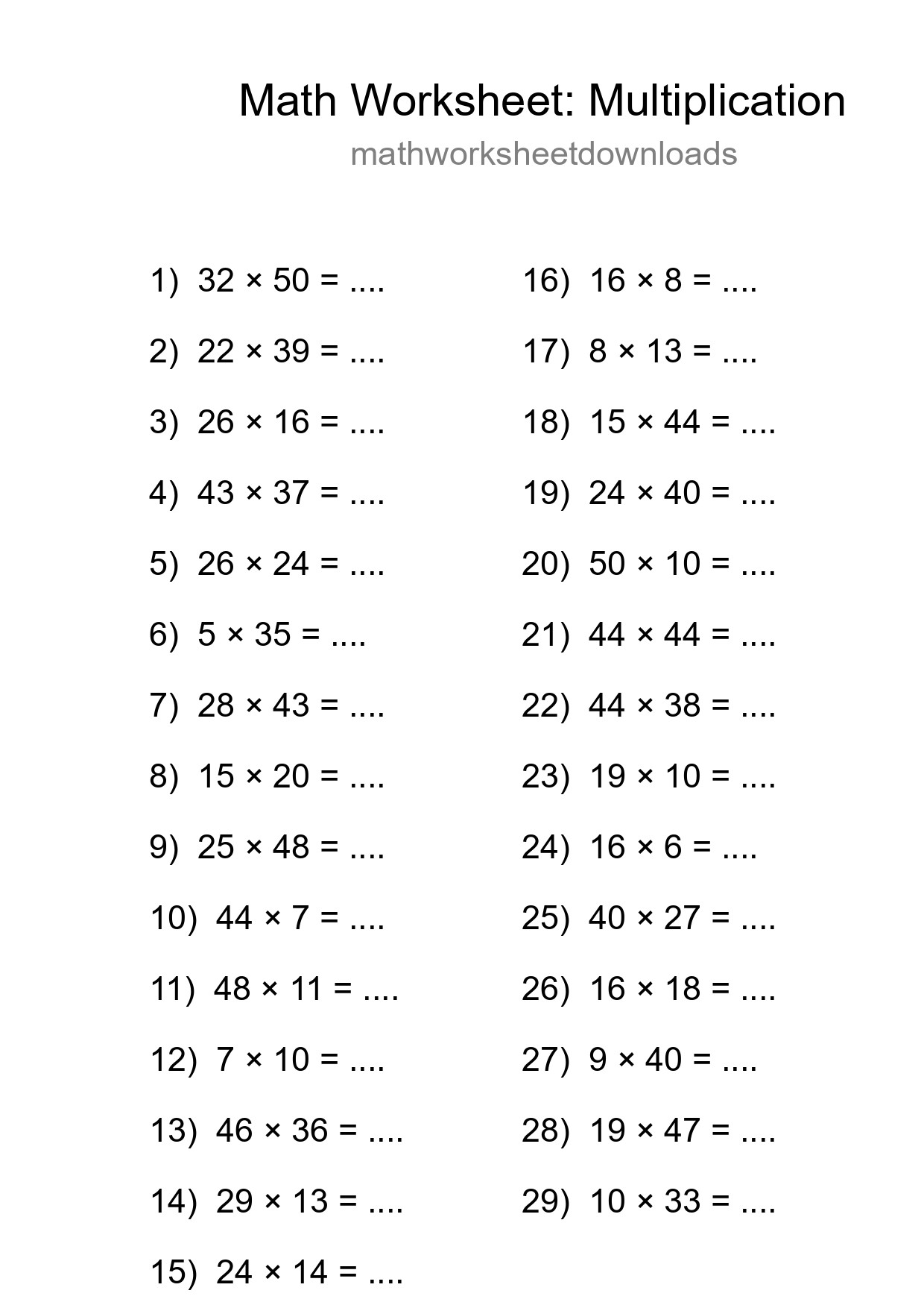 Grade 2 Multiplication Practice Worksheet (29 Problems) - Part 194