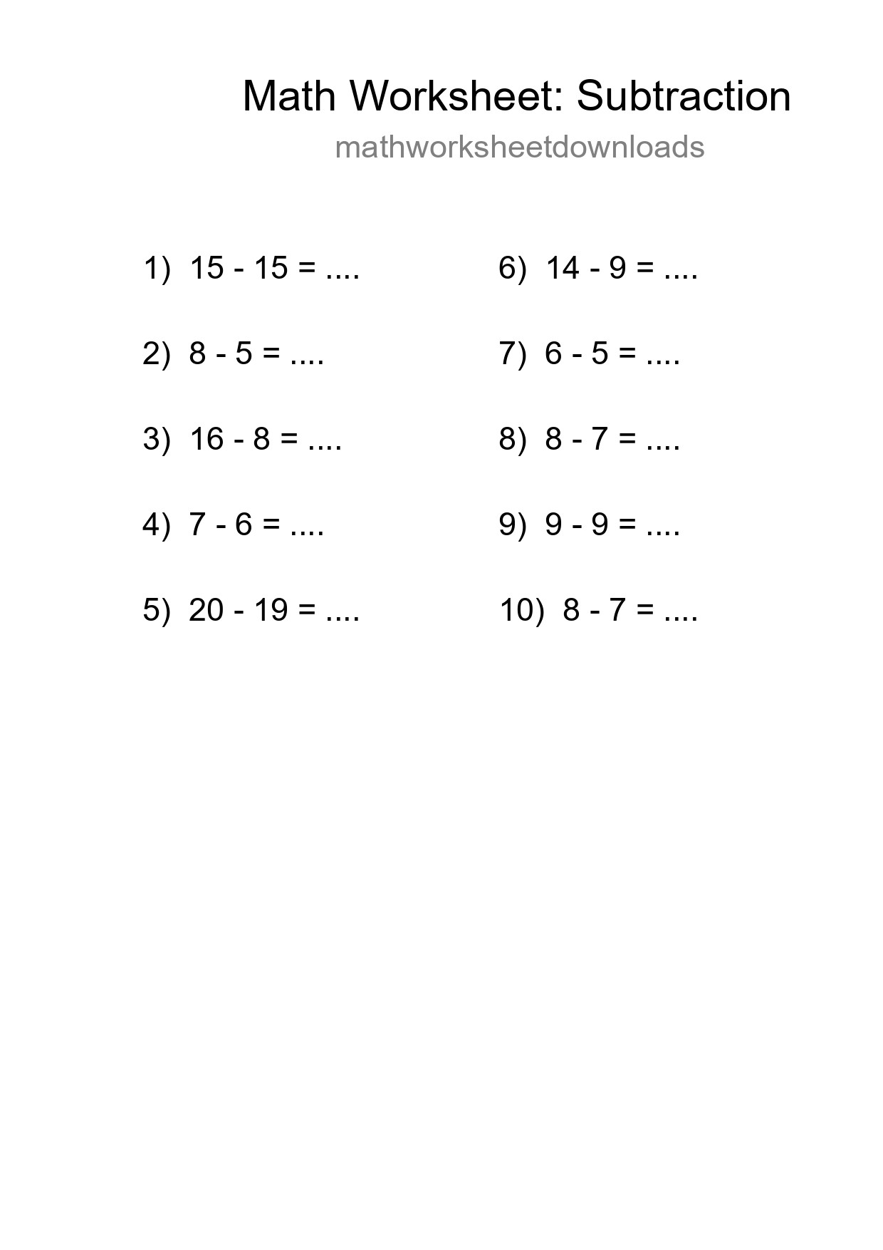 Grade 2 Subtraction Practice Worksheet (10 Problems) - Part 30