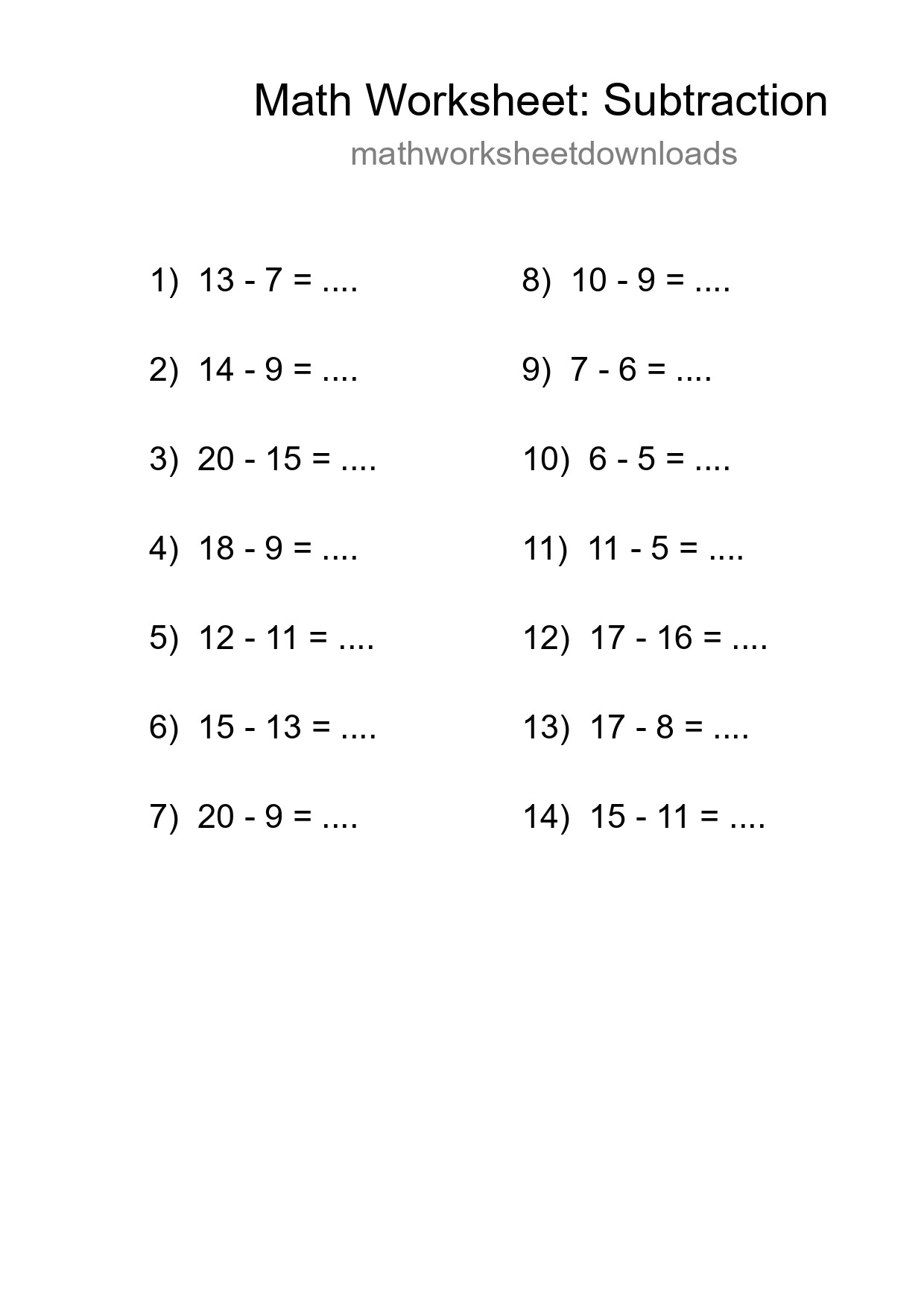 Grade 2 Subtraction Practice Worksheet (14 Problems) - Part 74