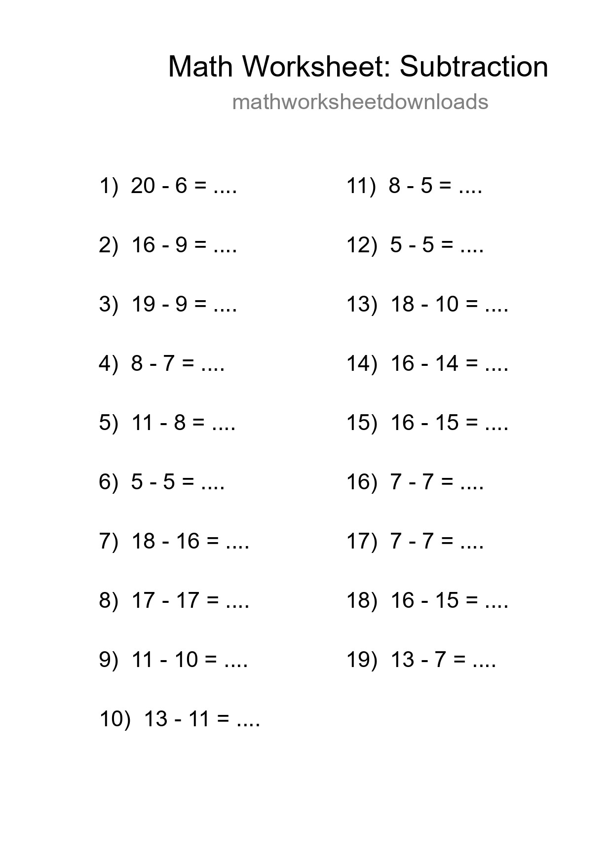 Grade 2 Subtraction Practice Worksheet (19 Problems) - Part 217