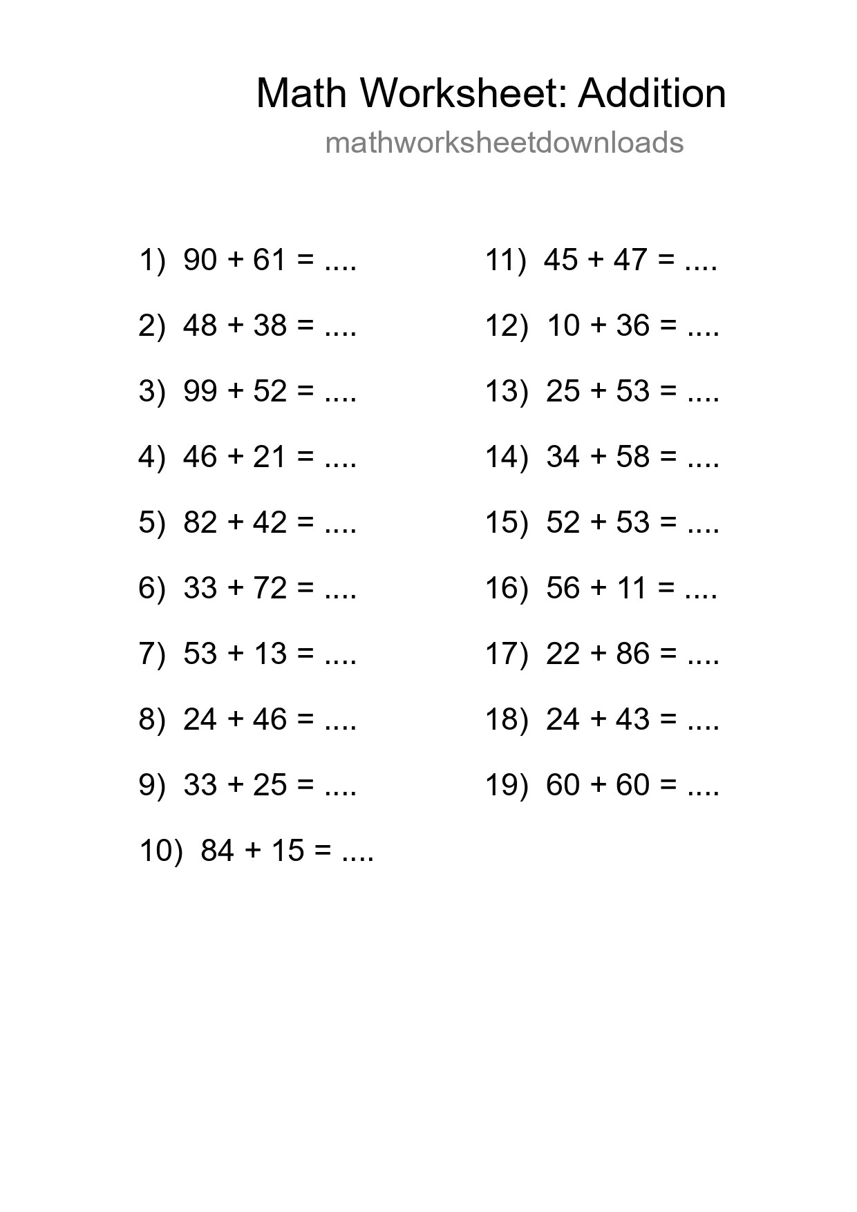 Grade 3 Addition Practice Worksheet (19 Problems) - Part 56