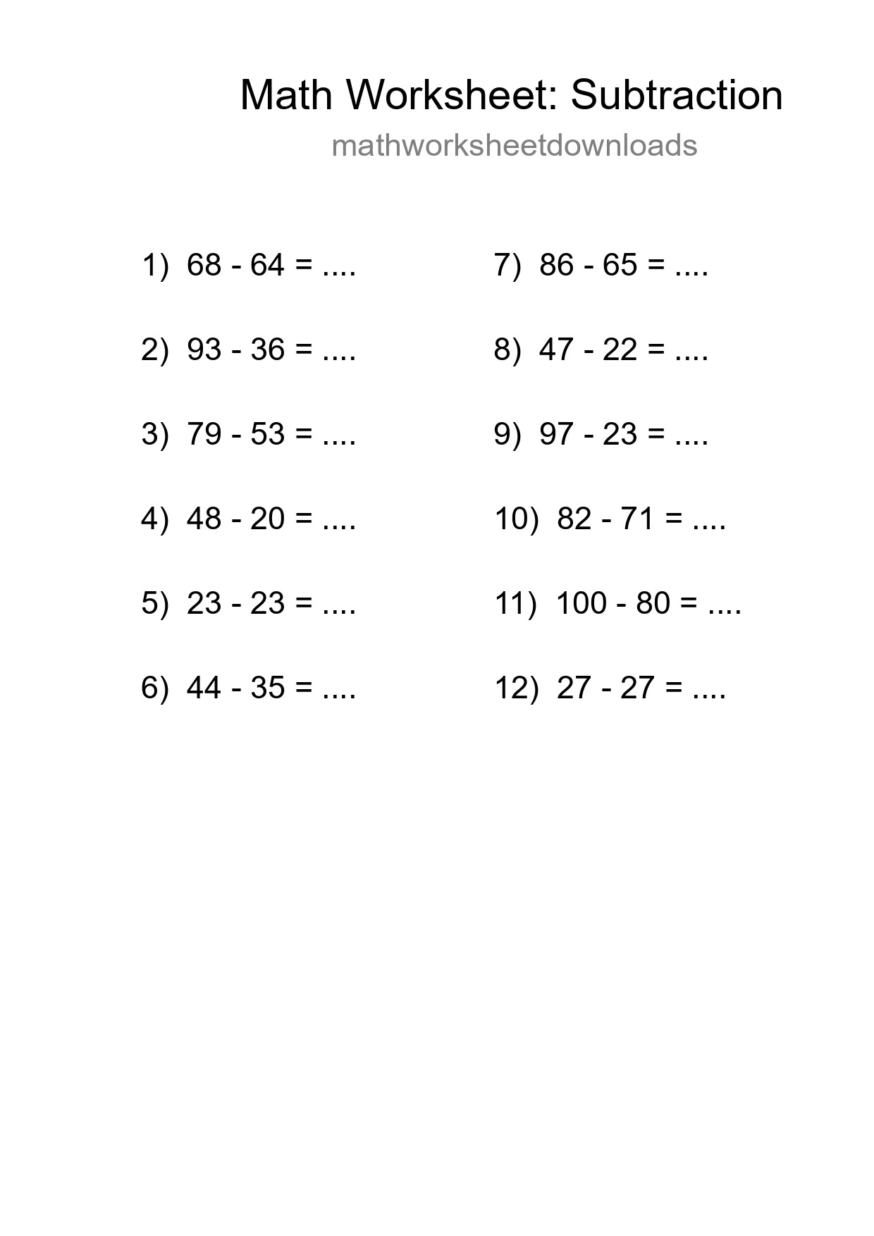 Grade 3 Subtraction Practice Worksheet (12 Problems) - Part 206