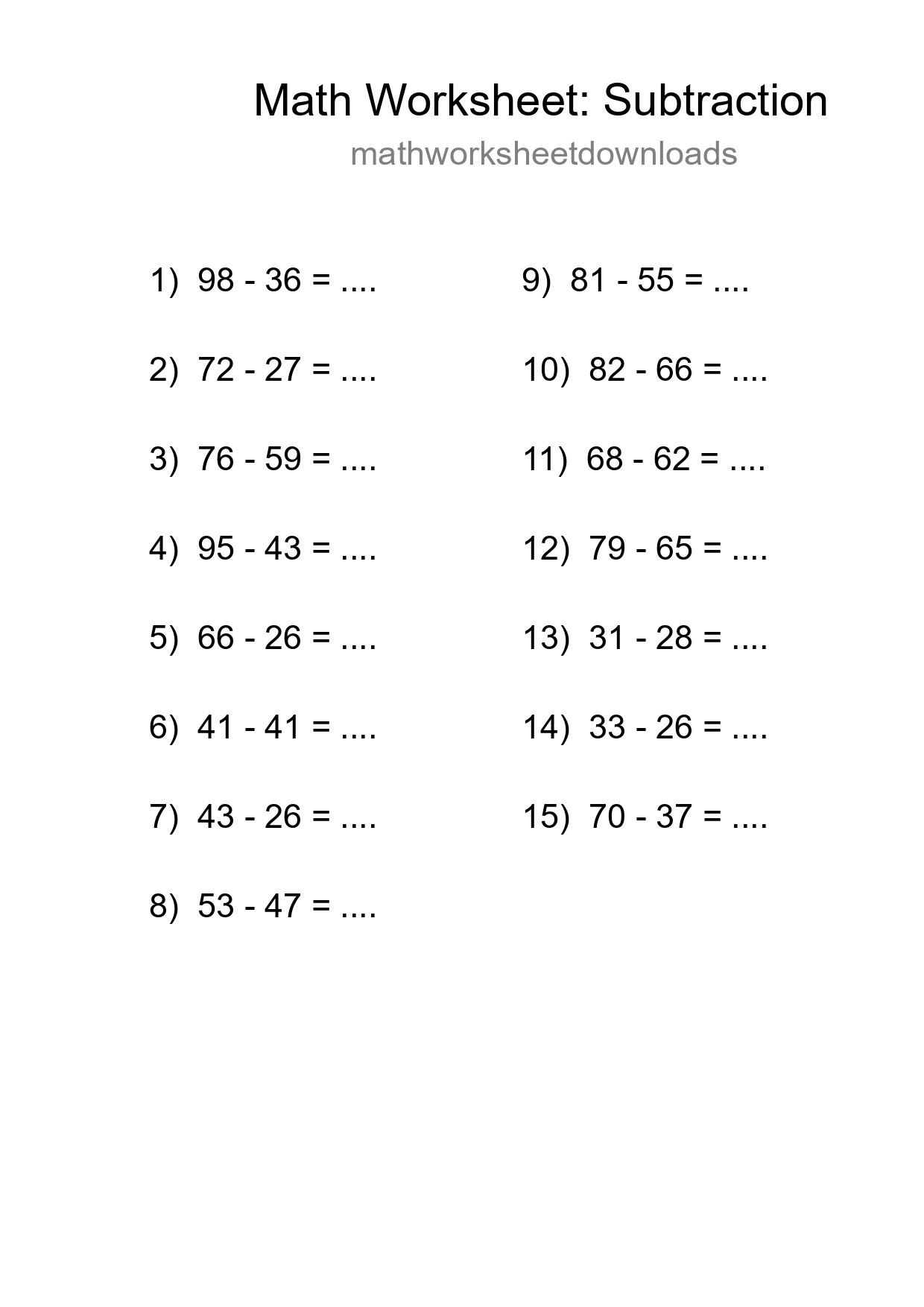 Grade 3 Subtraction Practice Worksheet (15 Problems) - Part 107