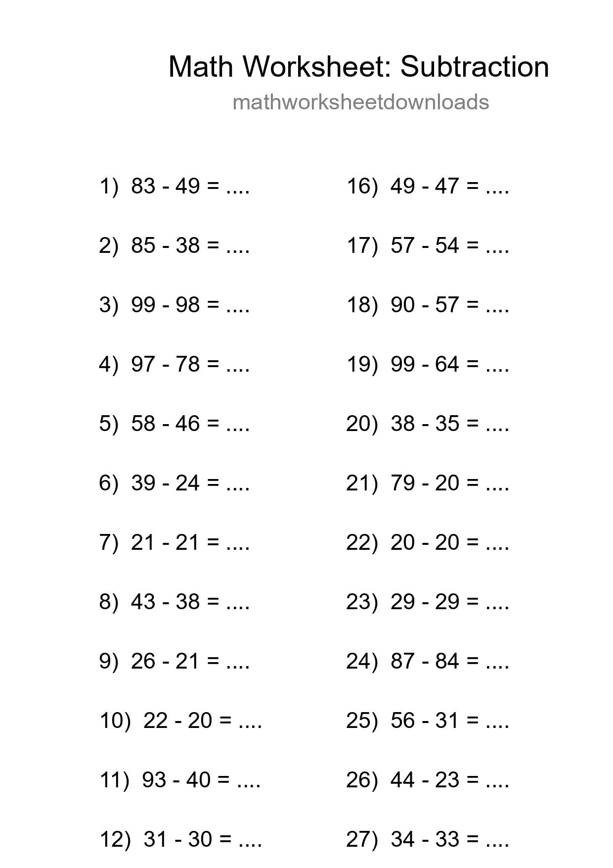Grade 3 Subtraction Practice Worksheet (30 Problems) - Part 118