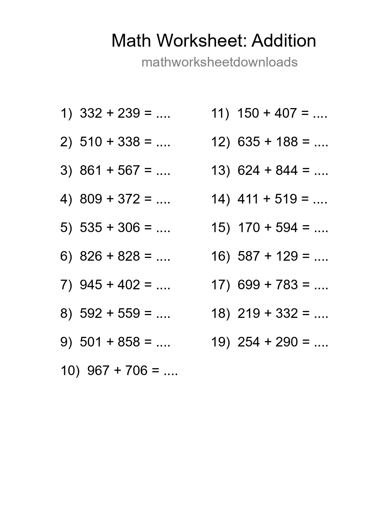 Grade 5 Addition Practice Worksheet (19 Problems)