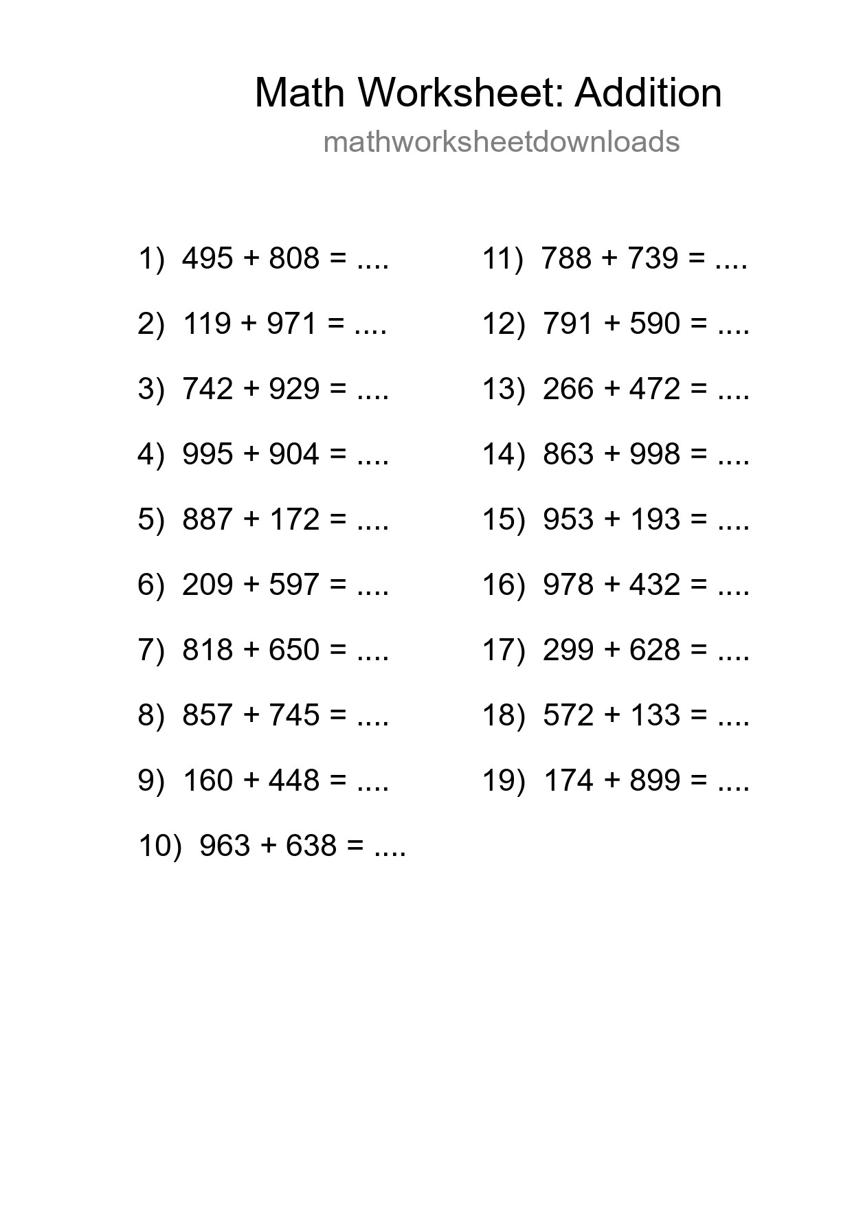 Grade 5 Addition Practice Worksheet (19 Problems) - Part 122