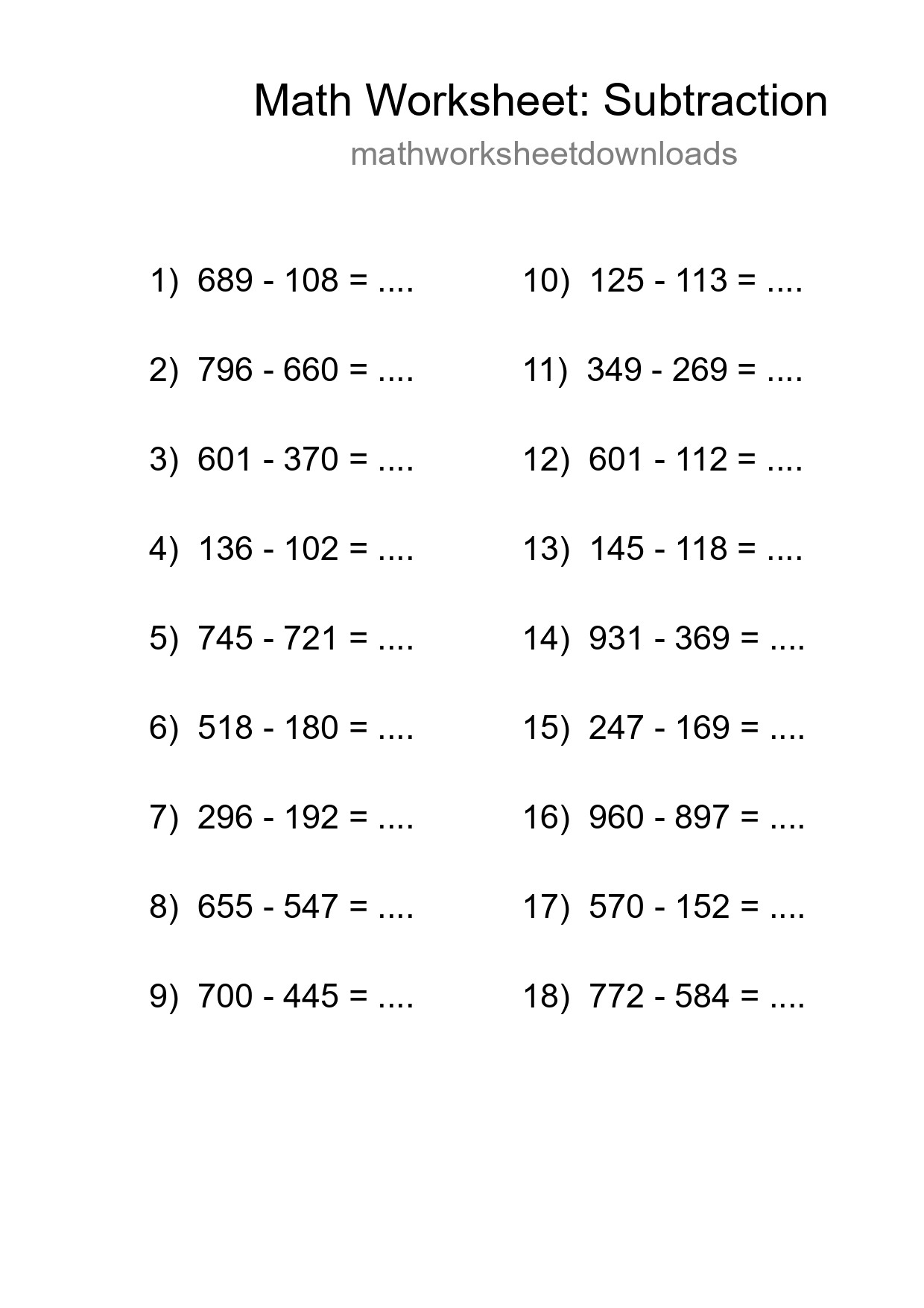 Grade 5 Subtraction Practice Worksheet (18 Problems) - Part 85