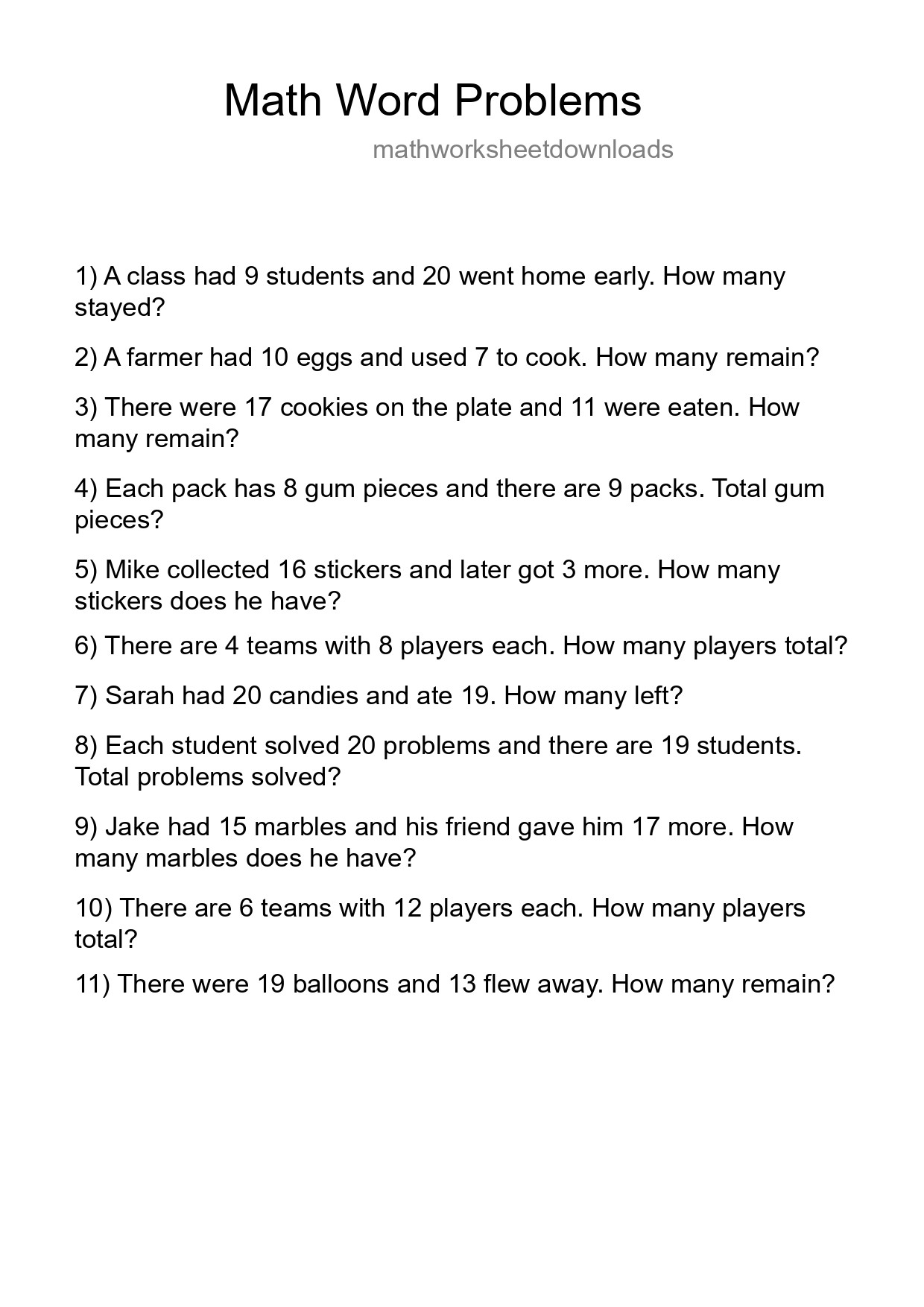 Math Word Problem Worksheet