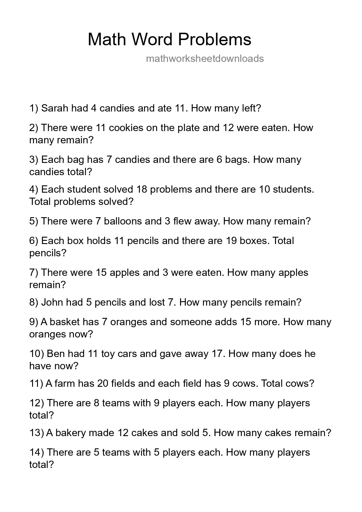 Math Word Problem Worksheet