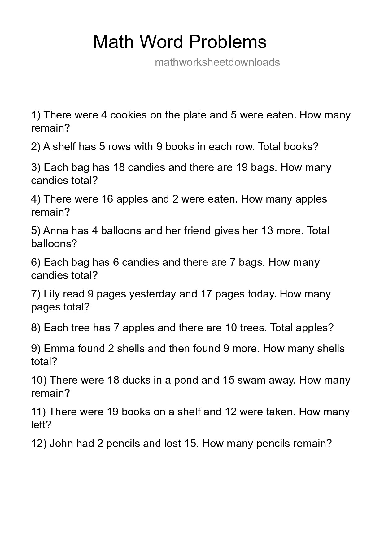 Math Word Problem Worksheet