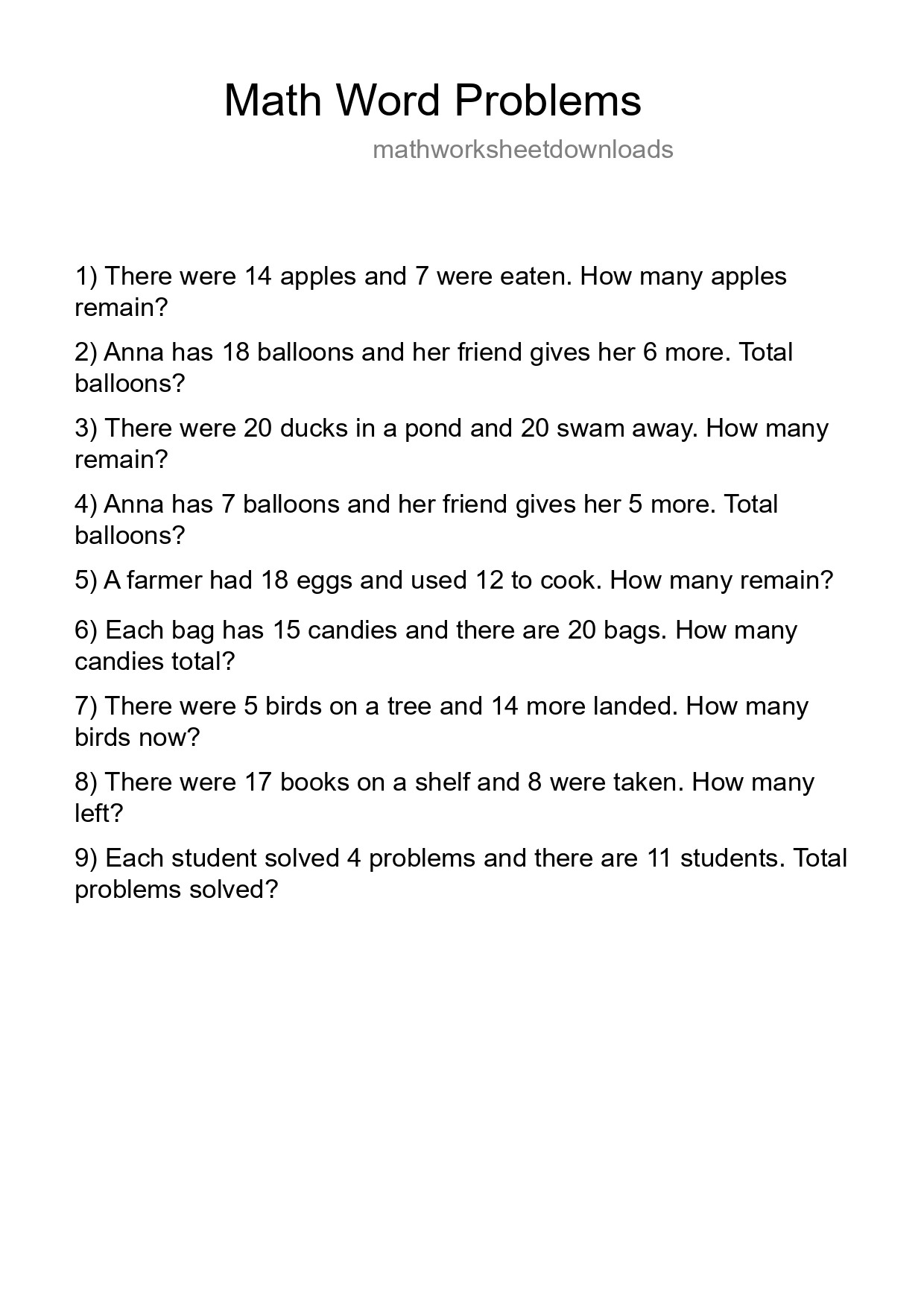 Math Word Problem Worksheet